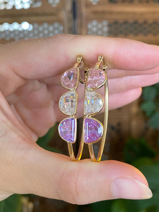 Vintage 14k Yellow Gold Pink Clear Purple Half Moon Cubic Zirconia Hoop Earrings