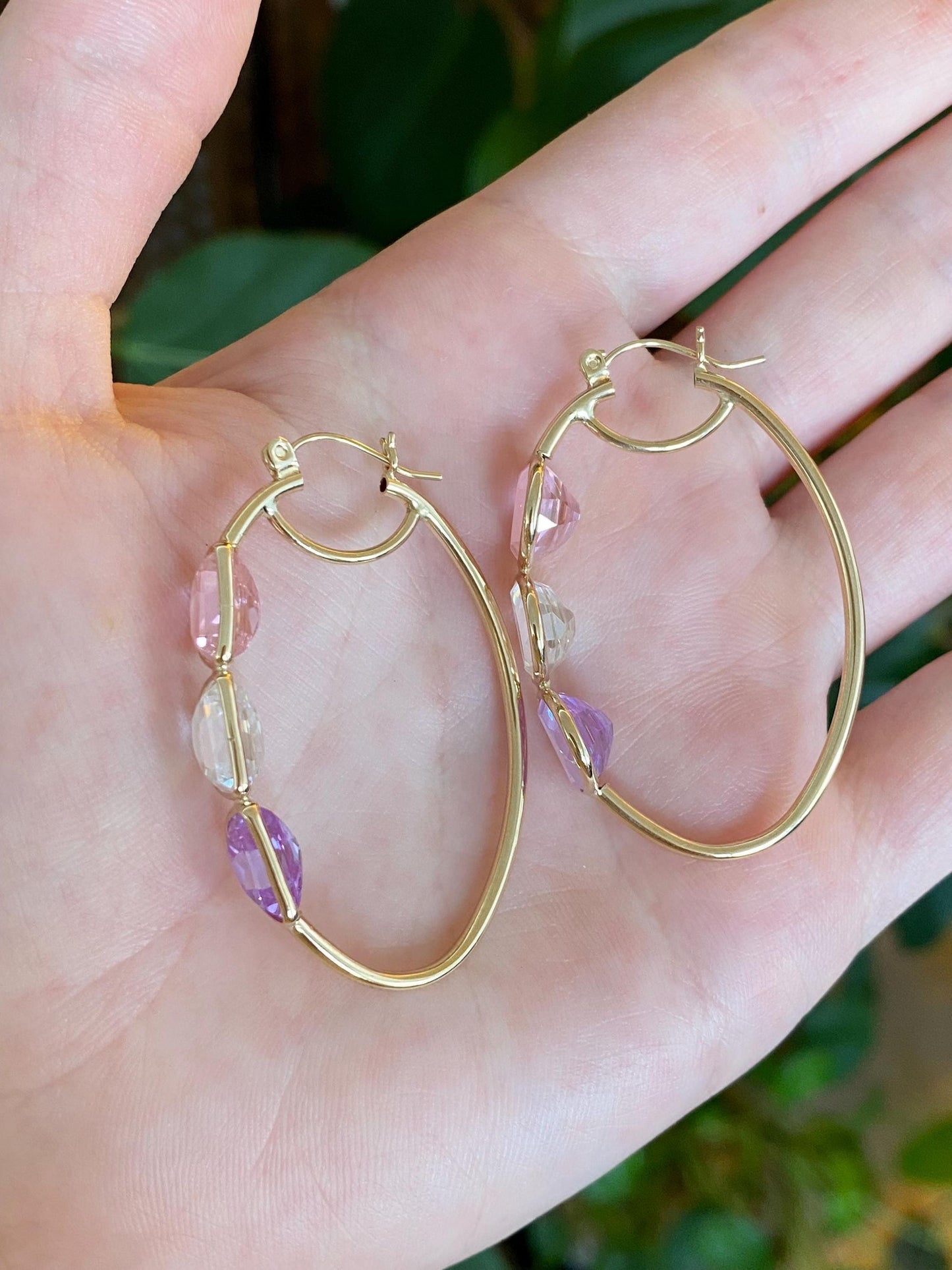 Vintage 14k Yellow Gold Pink Clear Purple Half Moon Cubic Zirconia Hoop Earrings