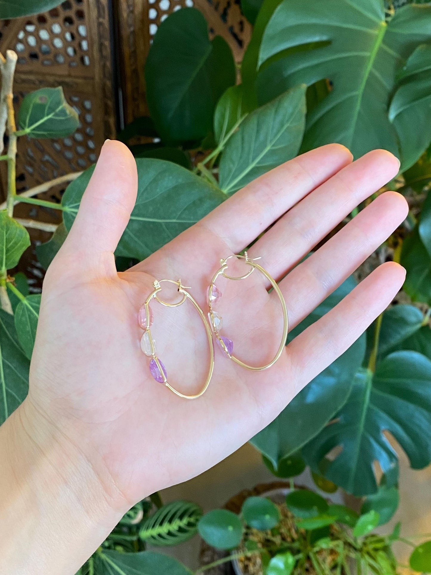 Vintage 14k Yellow Gold Pink Clear Purple Half Moon Cubic Zirconia Hoop Earrings