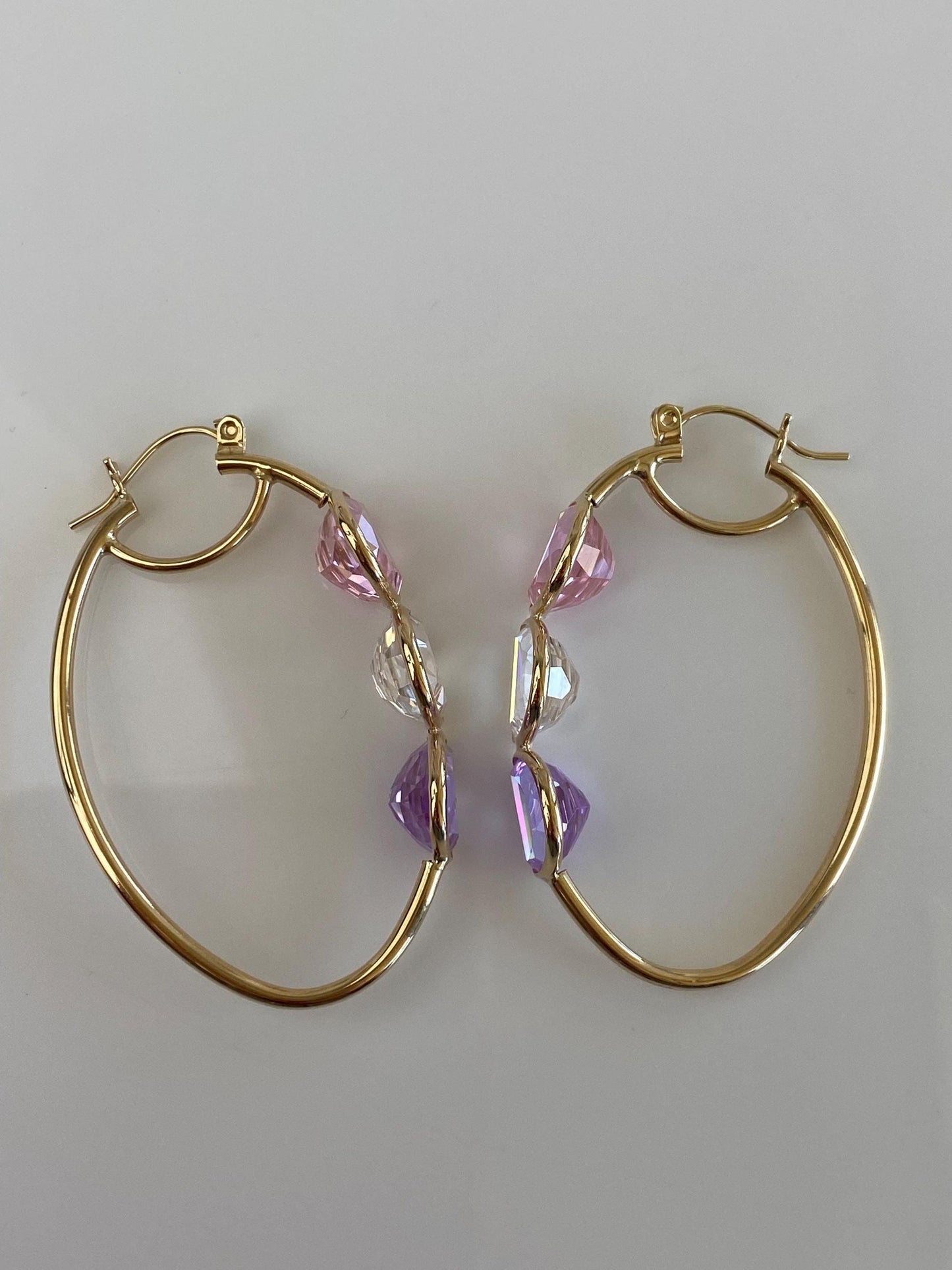 Vintage 14k Yellow Gold Pink Clear Purple Half Moon Cubic Zirconia Hoop Earrings