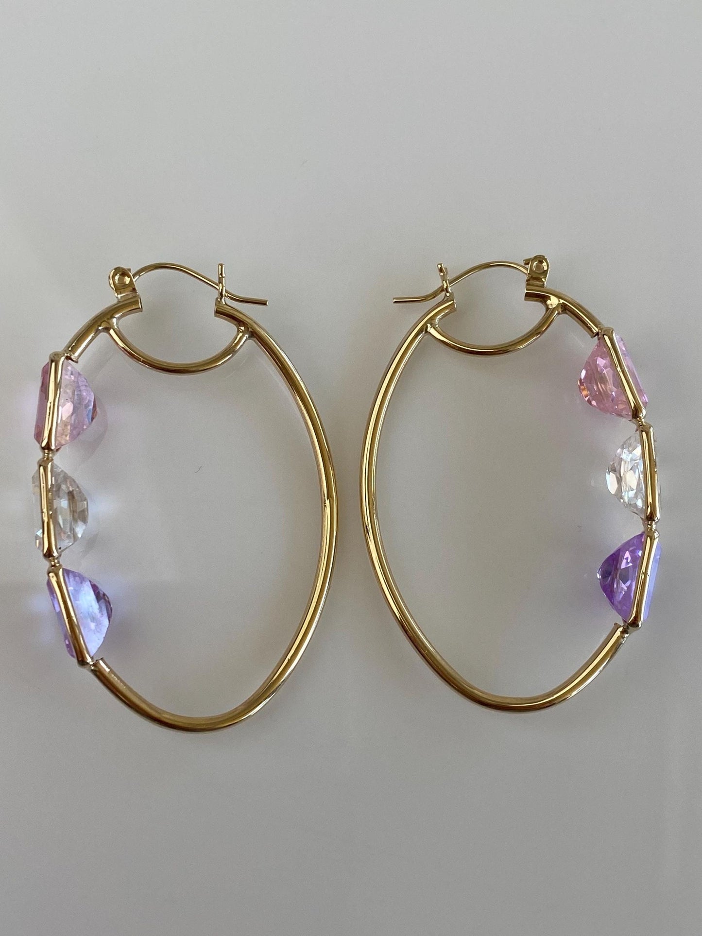 Vintage 14k Yellow Gold Pink Clear Purple Half Moon Cubic Zirconia Hoop Earrings