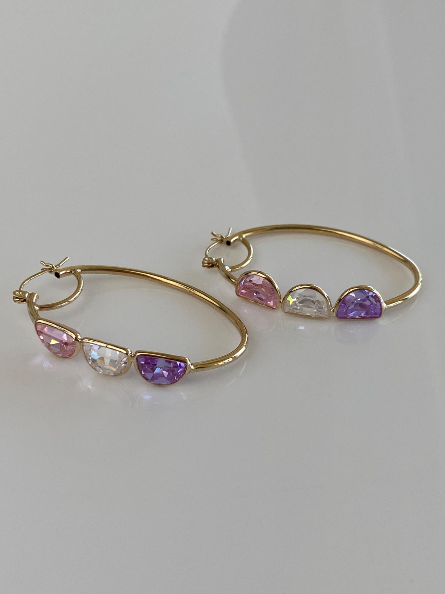 Vintage 14k Yellow Gold Pink Clear Purple Half Moon Cubic Zirconia Hoop Earrings