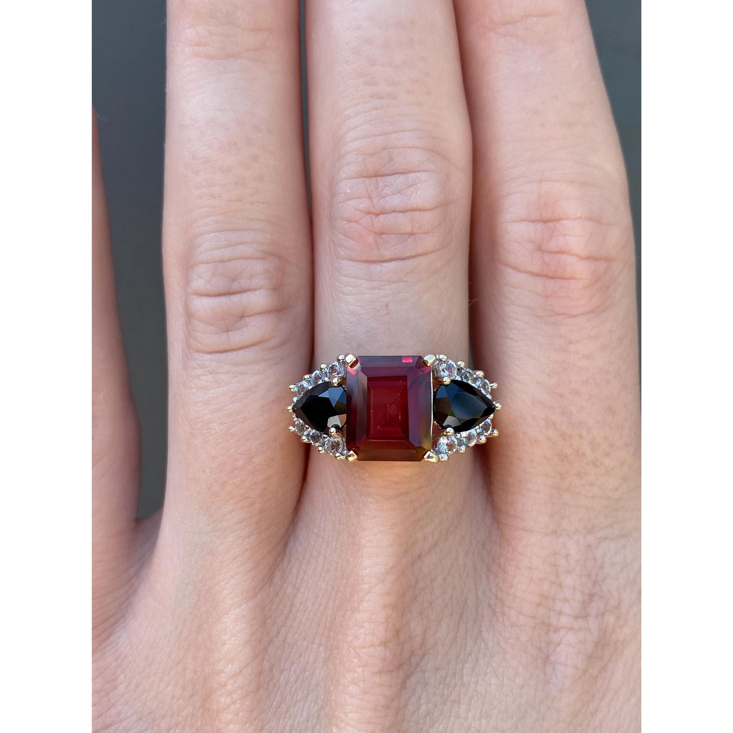 Vintage Solid 10k Yellow Gold Pink Tourmaline Onyx & Clear Quartz Ring - Size 7.75