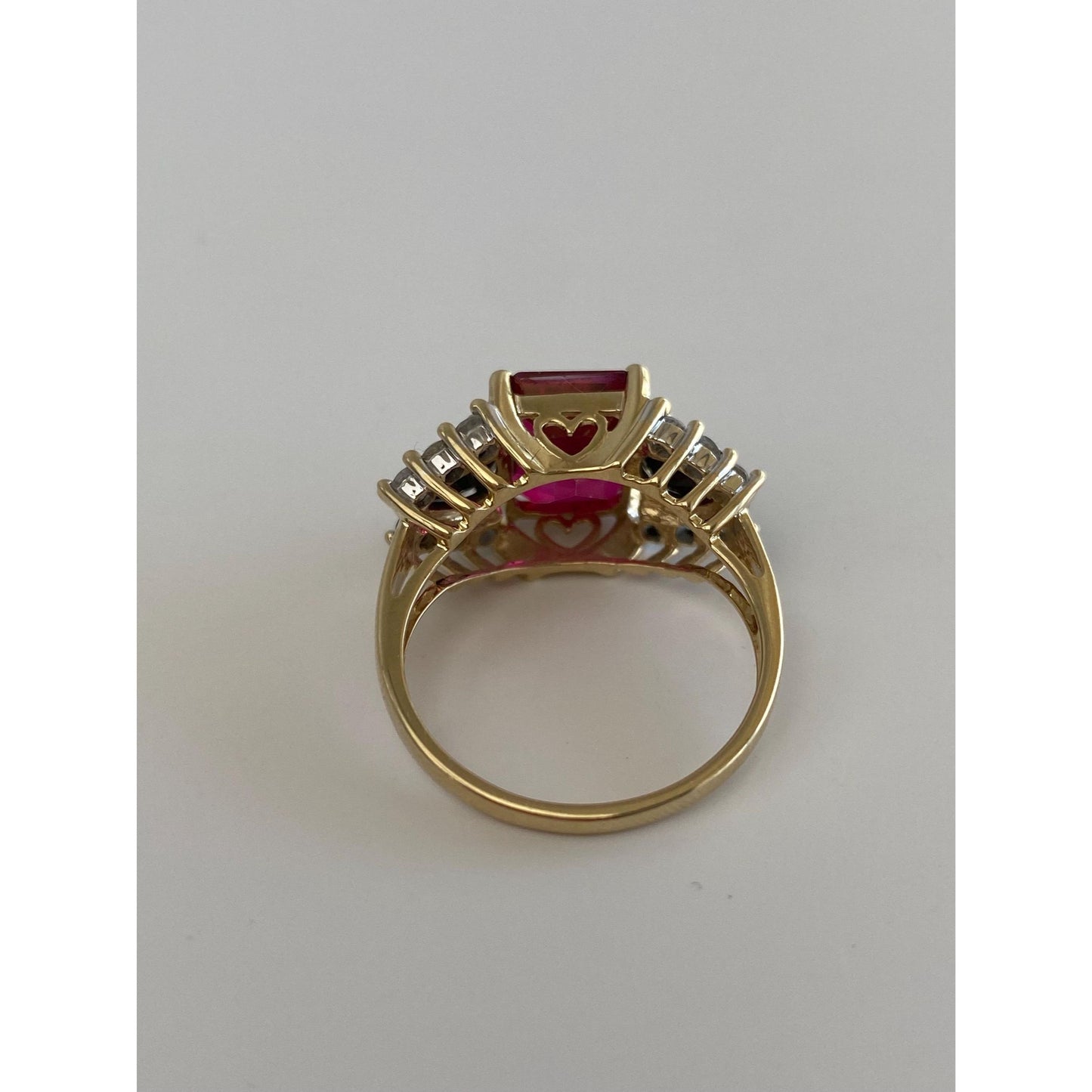 Vintage Solid 10k Yellow Gold Pink Tourmaline Onyx & Clear Quartz Ring - Size 7.75