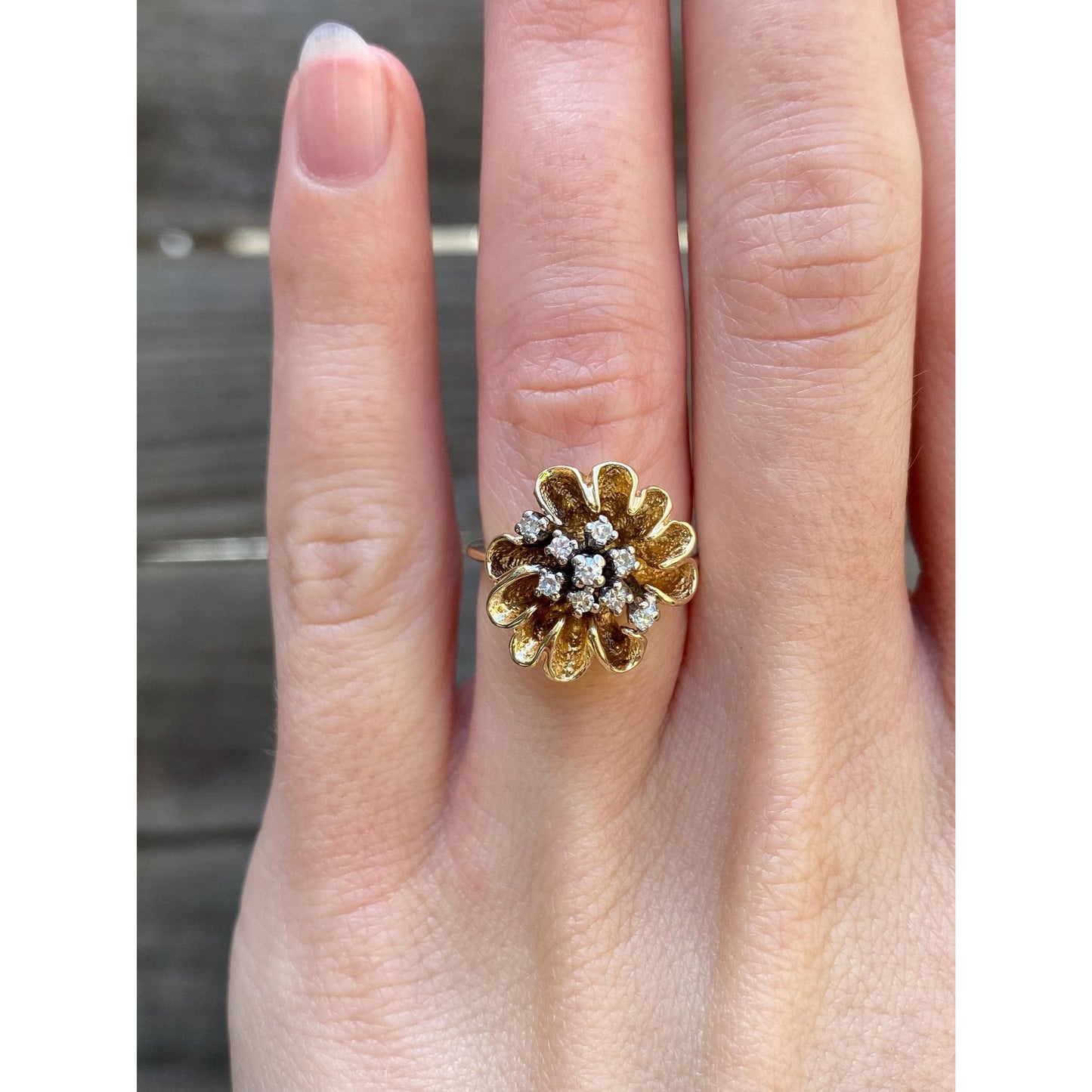 Vintage Solid 14k Yellow Gold Diamond Cluster Flower Ring - Size 4.25
