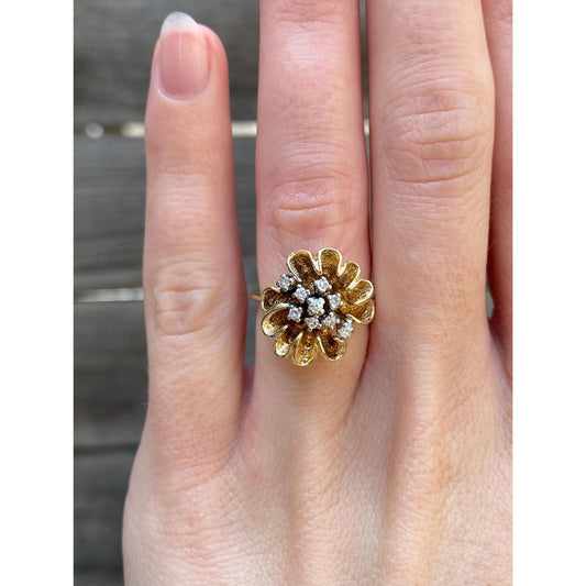 Vintage Solid 14k Yellow Gold Diamond Cluster Flower Ring - Size 4.25
