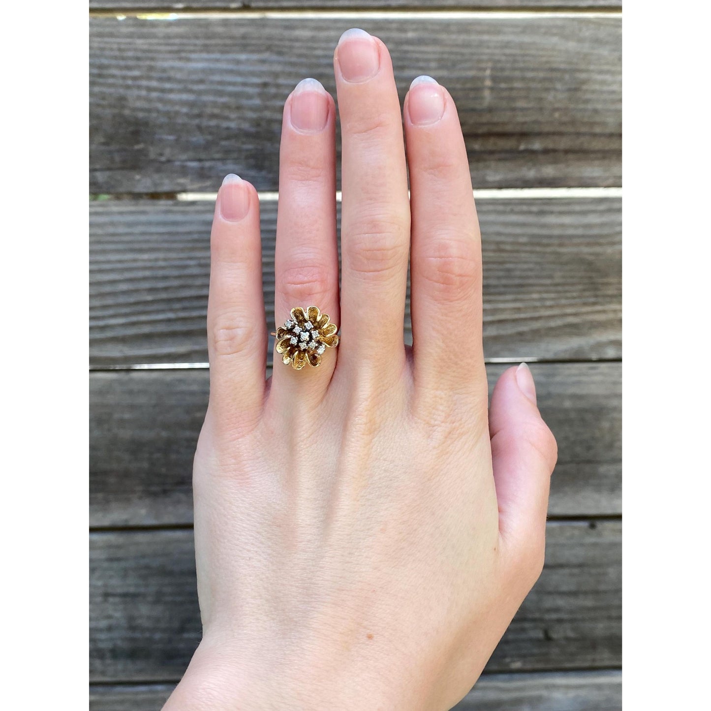 Vintage Solid 14k Yellow Gold Diamond Cluster Flower Ring - Size 4.25