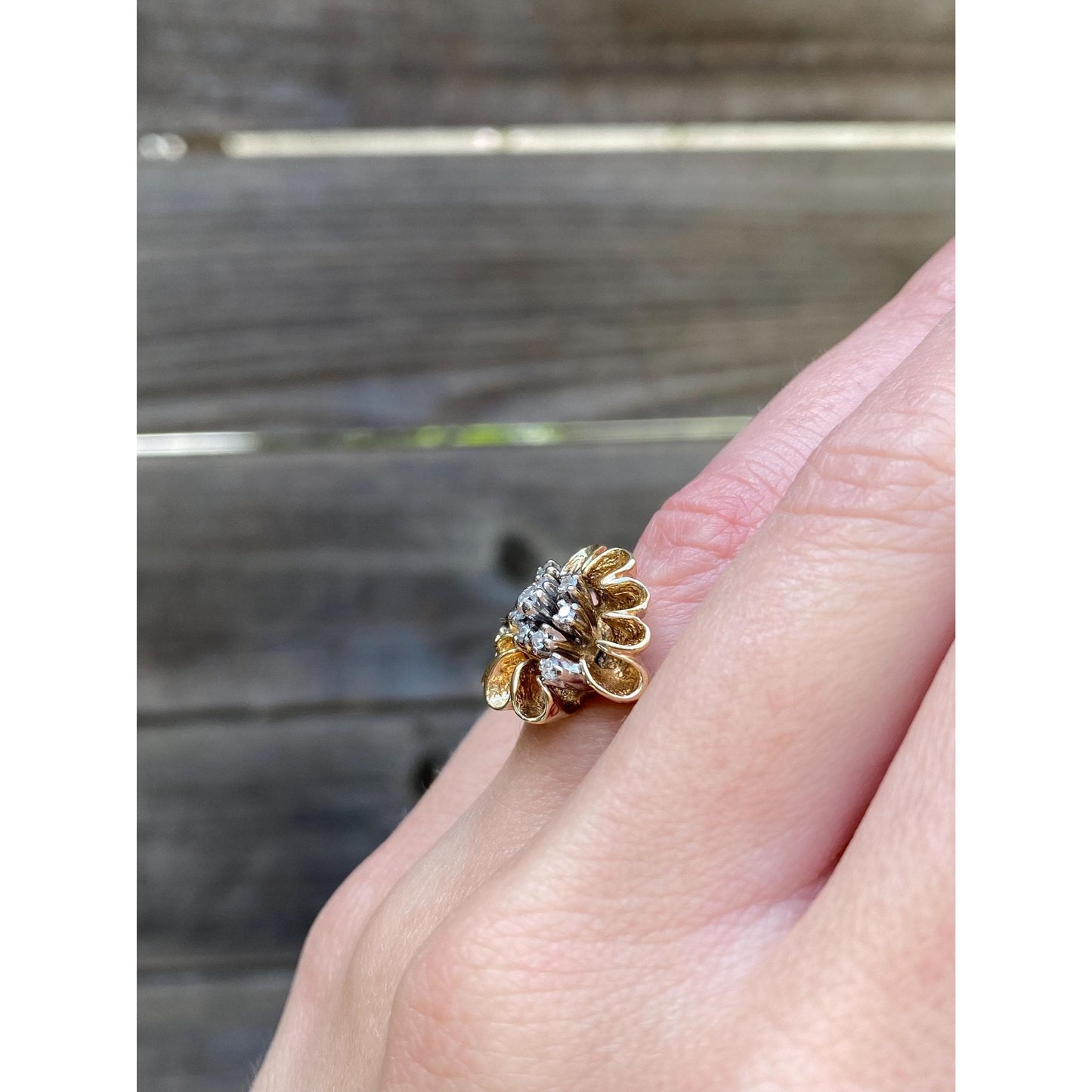 Vintage Solid 14k Yellow Gold Diamond Cluster Flower Ring - Size 4.25
