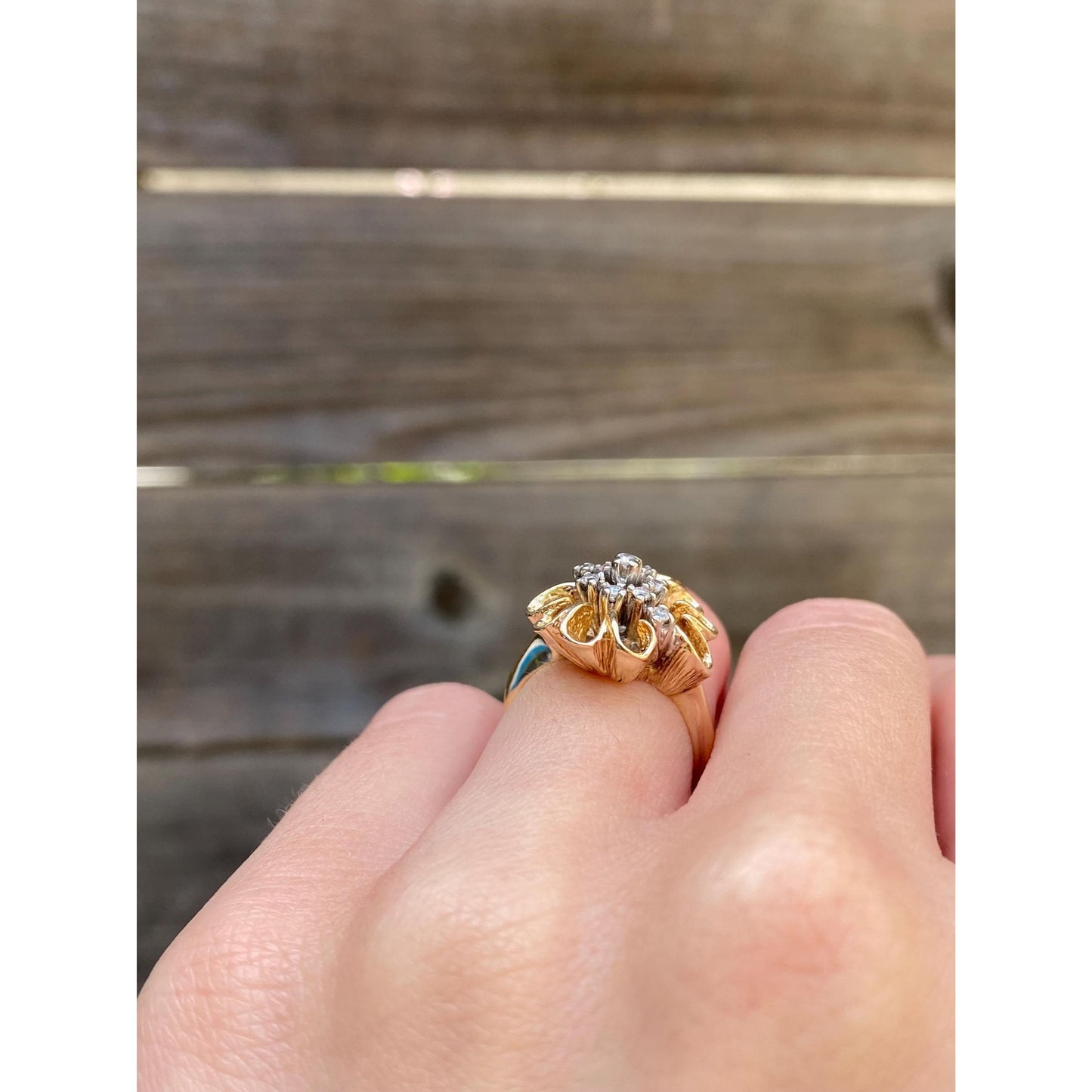 Vintage Solid 14k Yellow Gold Diamond Cluster Flower Ring - Size 4.25