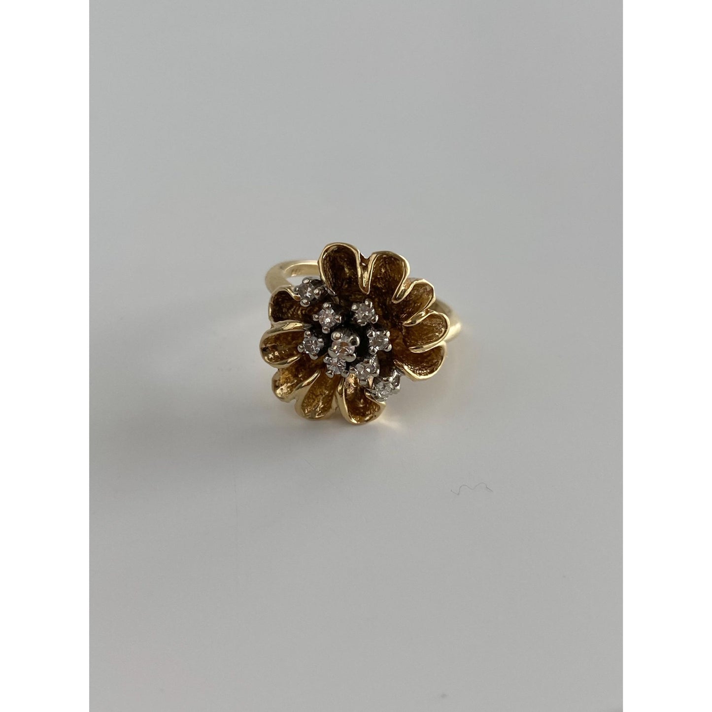 Vintage Solid 14k Yellow Gold Diamond Cluster Flower Ring - Size 4.25