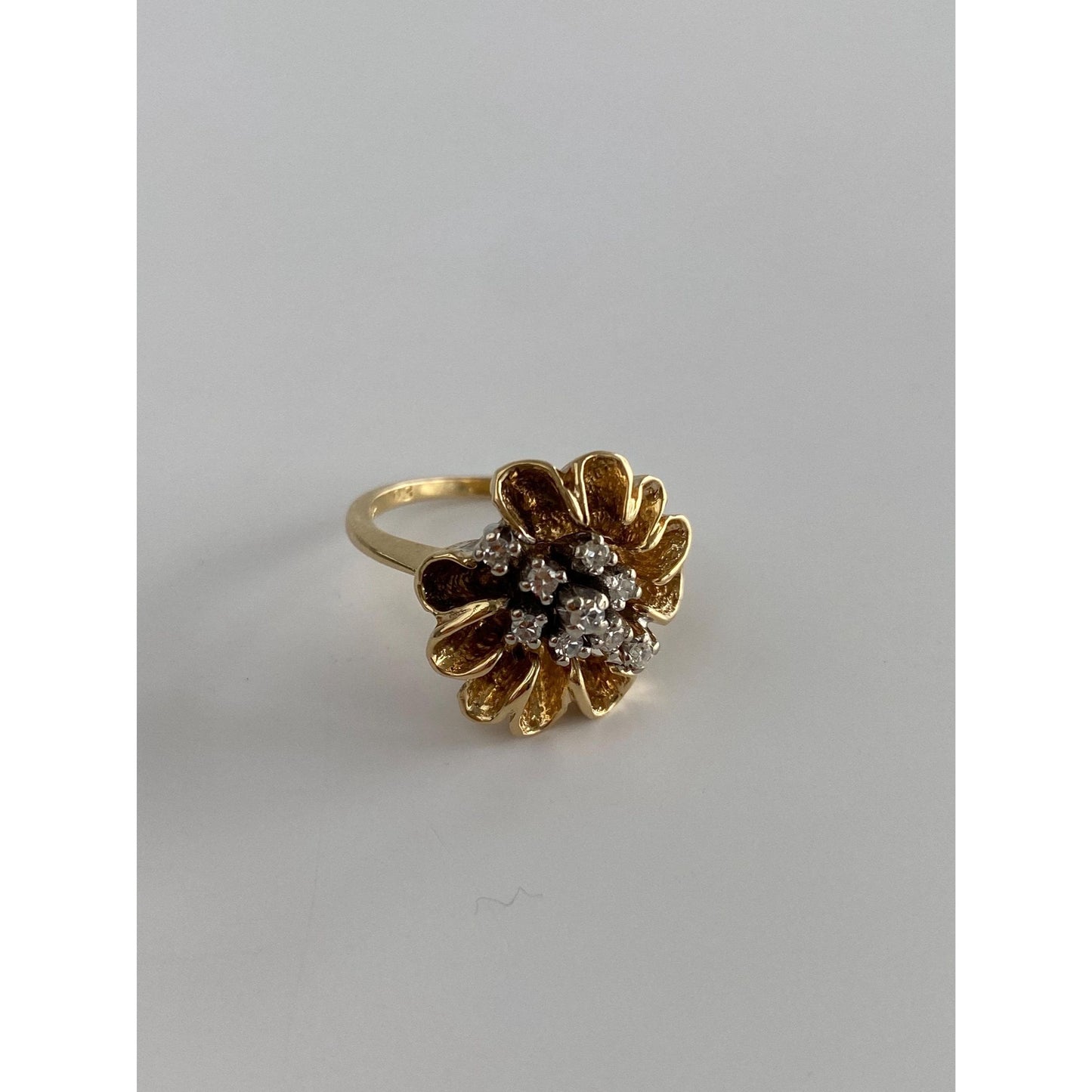 Vintage Solid 14k Yellow Gold Diamond Cluster Flower Ring - Size 4.25