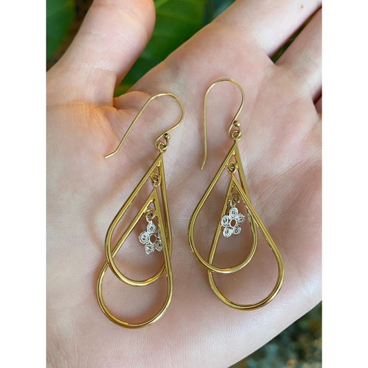 Vintage 14k Yellow Gold & Little White Gold Flower Dangle Earrings