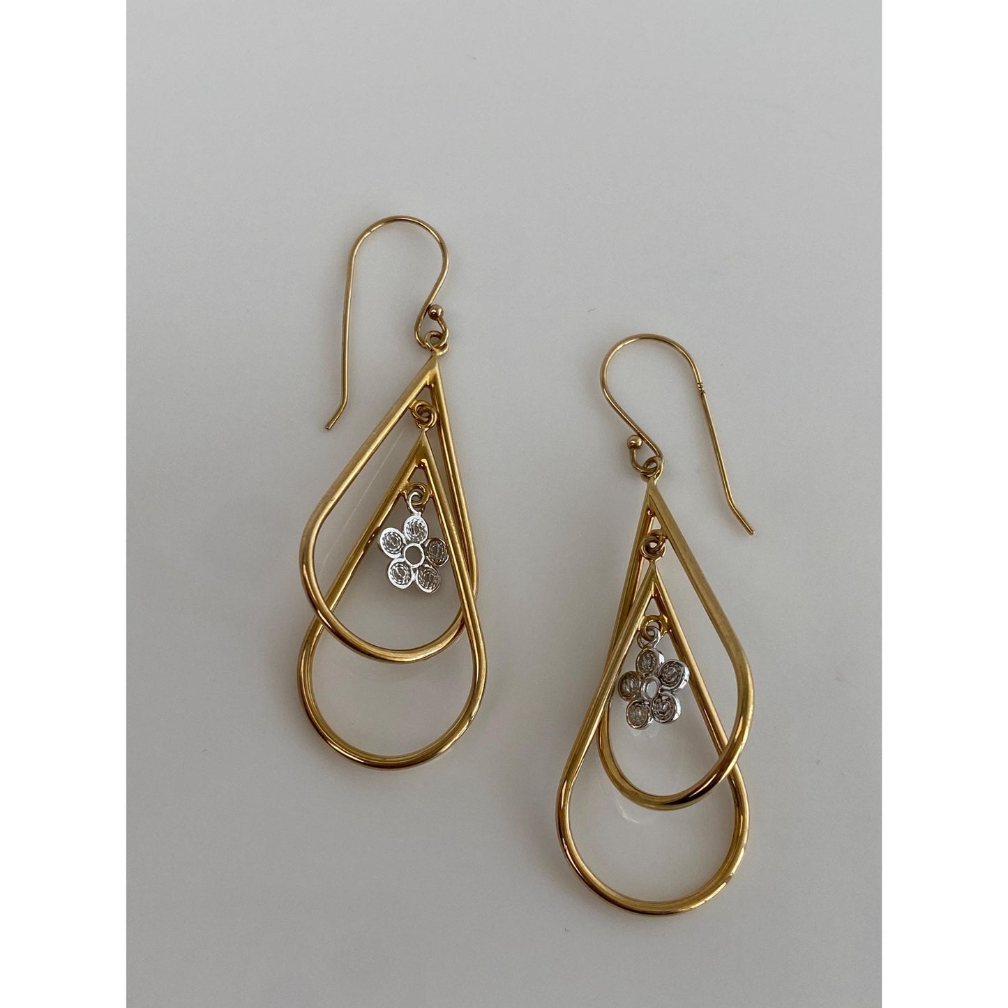 Vintage 14k Yellow Gold & Little White Gold Flower Dangle Earrings