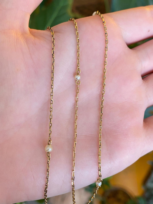 Vintage Solid 20k Yellow Gold Pearls Biker Link Chain Necklace - 23 inches