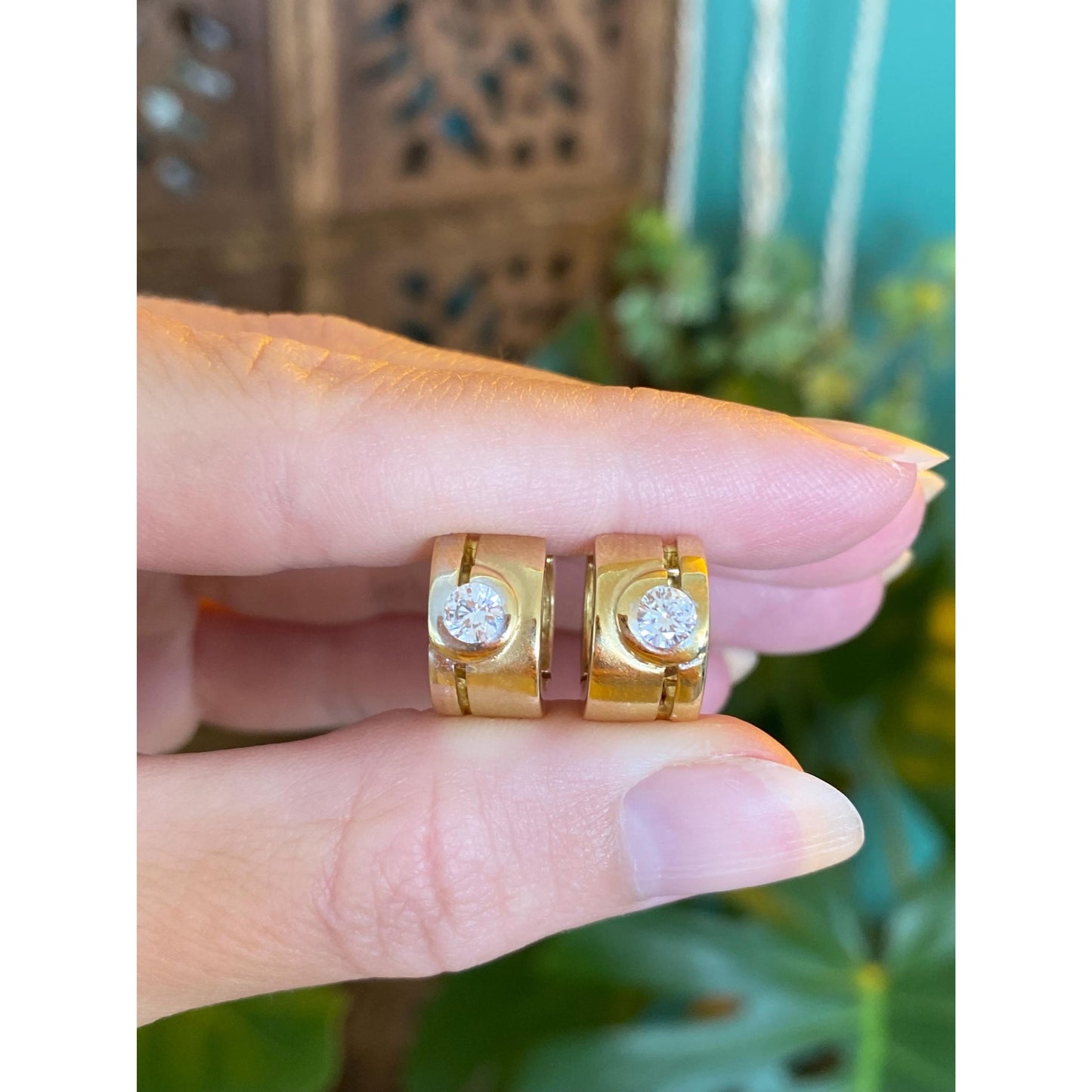 Vintage Solid 14k Yellow Gold Cubic Zirconia Hoop Earrings
