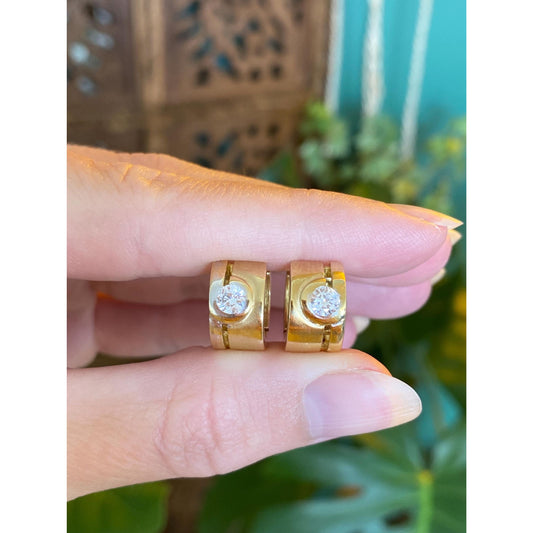 Vintage Solid 14k Yellow Gold Cubic Zirconia Hoop Earrings