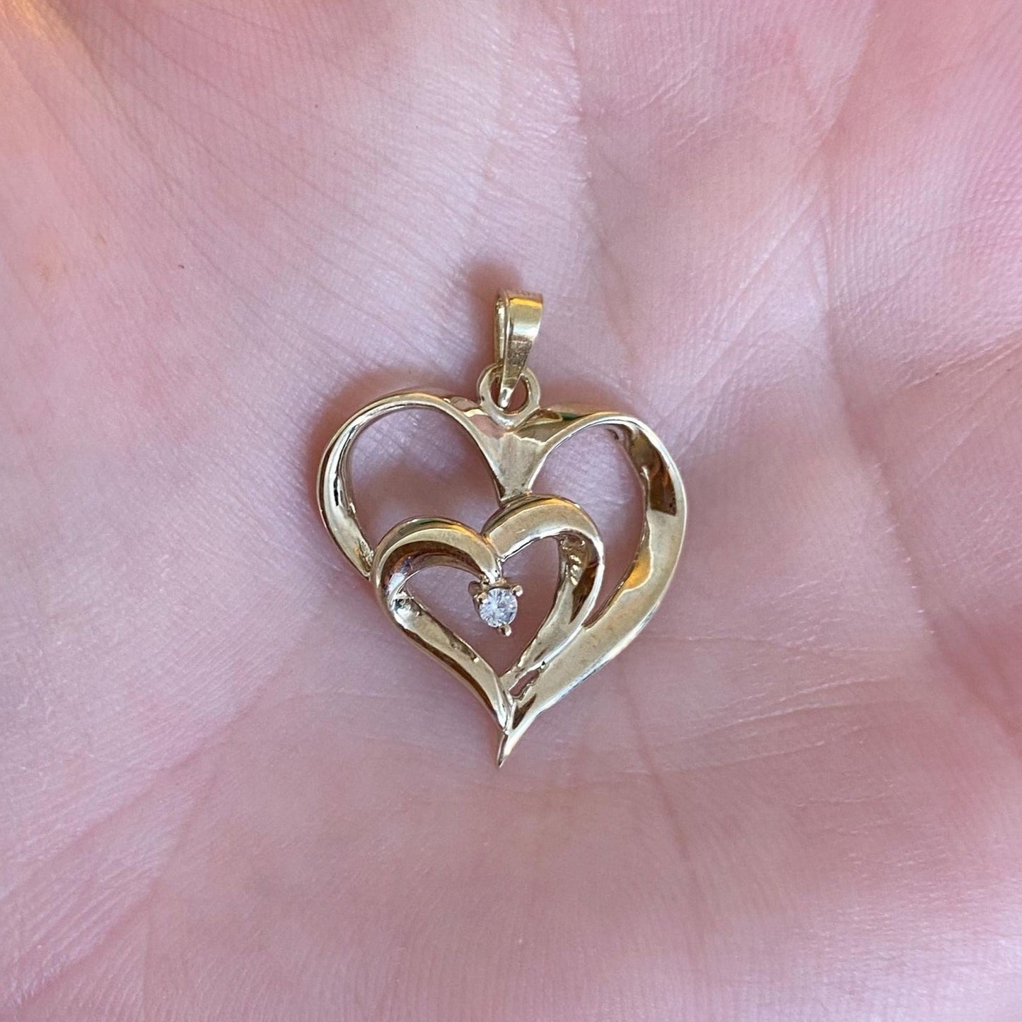 Vintage Solid 10k Yellow Gold Diamond Hearts Charm