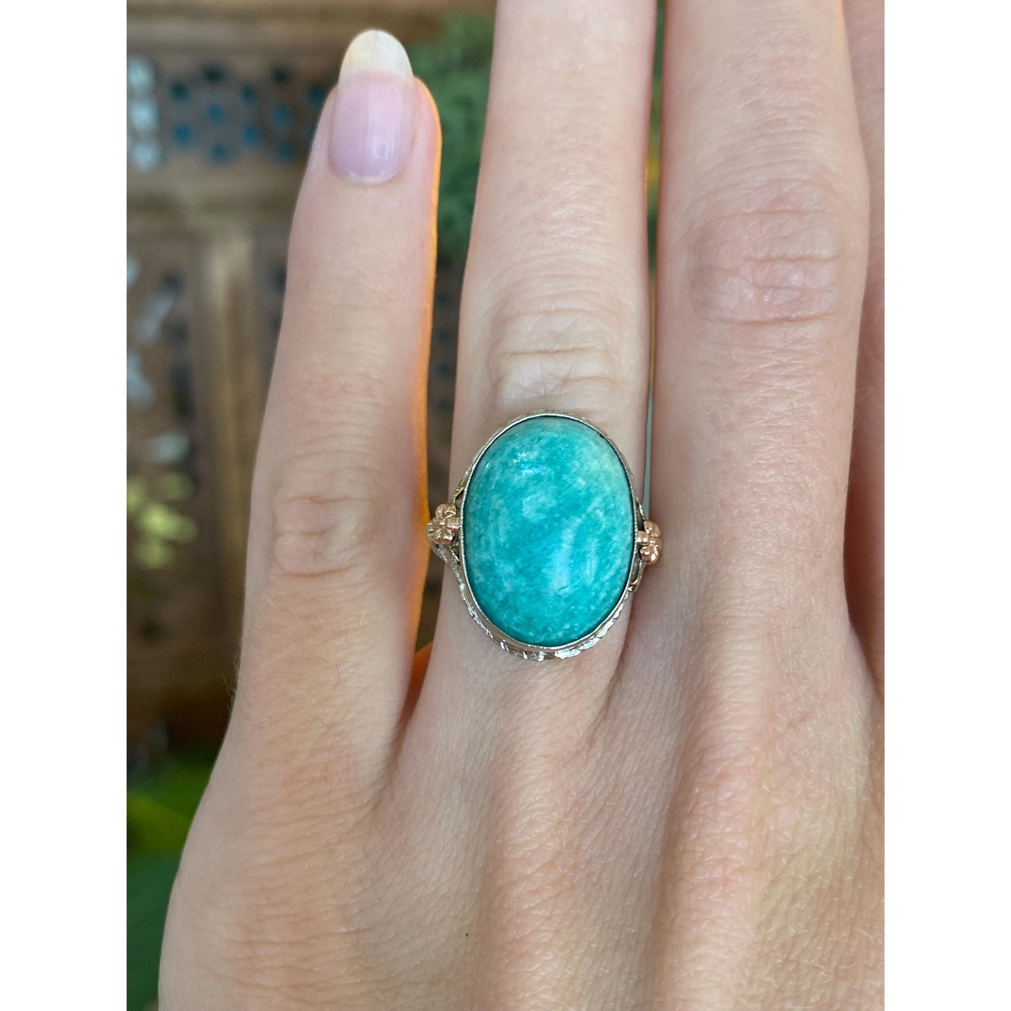 Vintage Solid 14k Tri Tone Gold Art Deco Amazonite Ring - Size 3.75