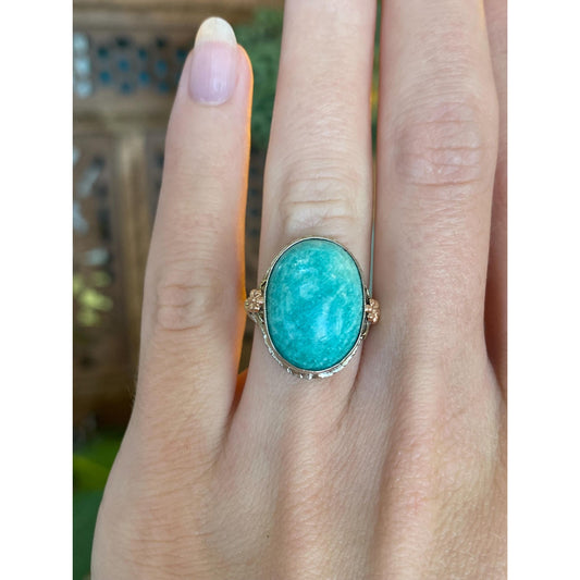 Vintage Solid 14k Tri Tone Gold Art Deco Amazonite Ring - Size 3.75