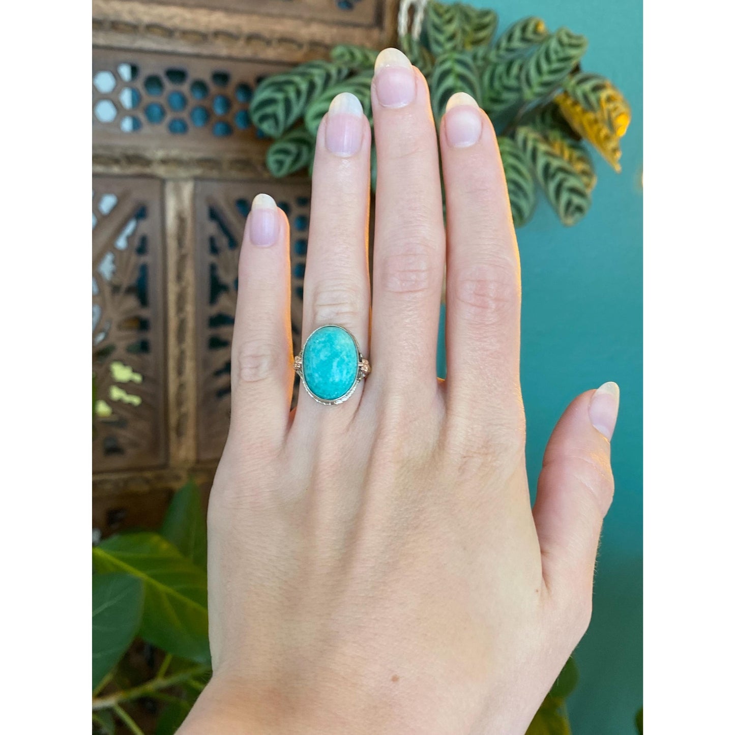 Vintage Solid 14k Tri Tone Gold Art Deco Amazonite Ring - Size 3.75