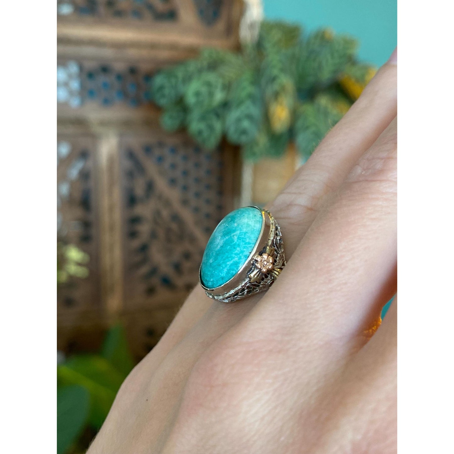 Vintage Solid 14k Tri Tone Gold Art Deco Amazonite Ring - Size 3.75