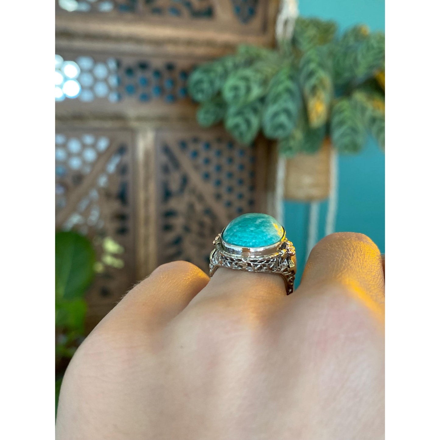 Vintage Solid 14k Tri Tone Gold Art Deco Amazonite Ring - Size 3.75
