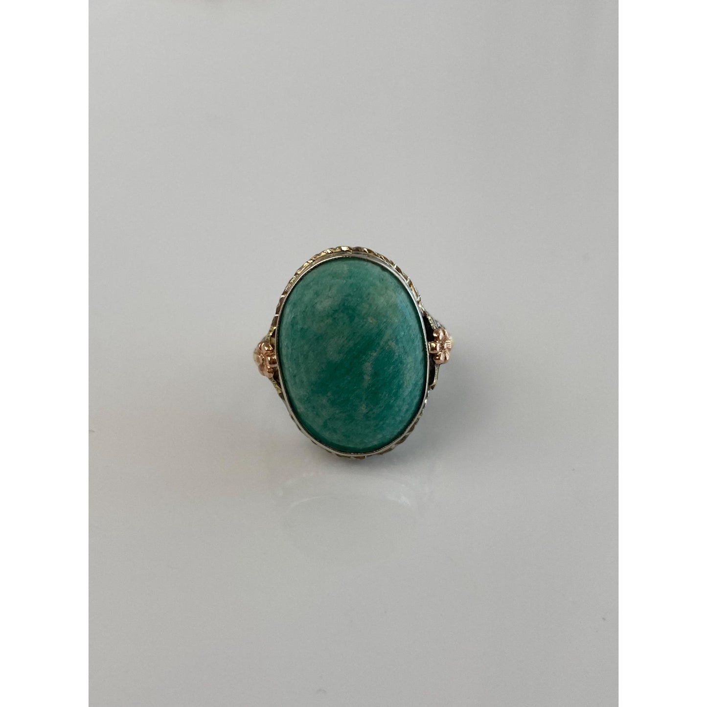 Vintage Solid 14k Tri Tone Gold Art Deco Amazonite Ring - Size 3.75