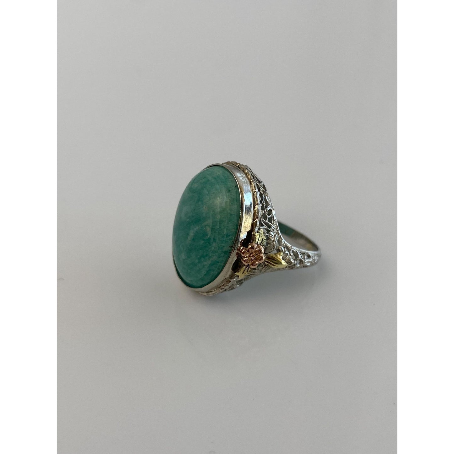Vintage Solid 14k Tri Tone Gold Art Deco Amazonite Ring - Size 3.75
