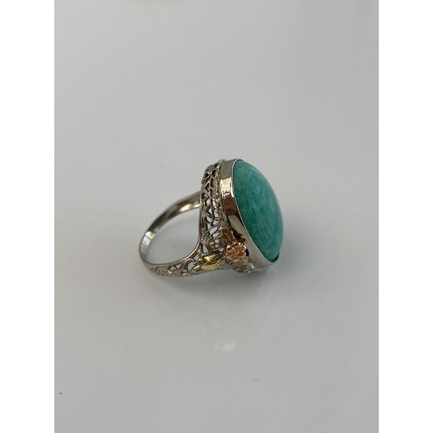 Vintage Solid 14k Tri Tone Gold Art Deco Amazonite Ring - Size 3.75