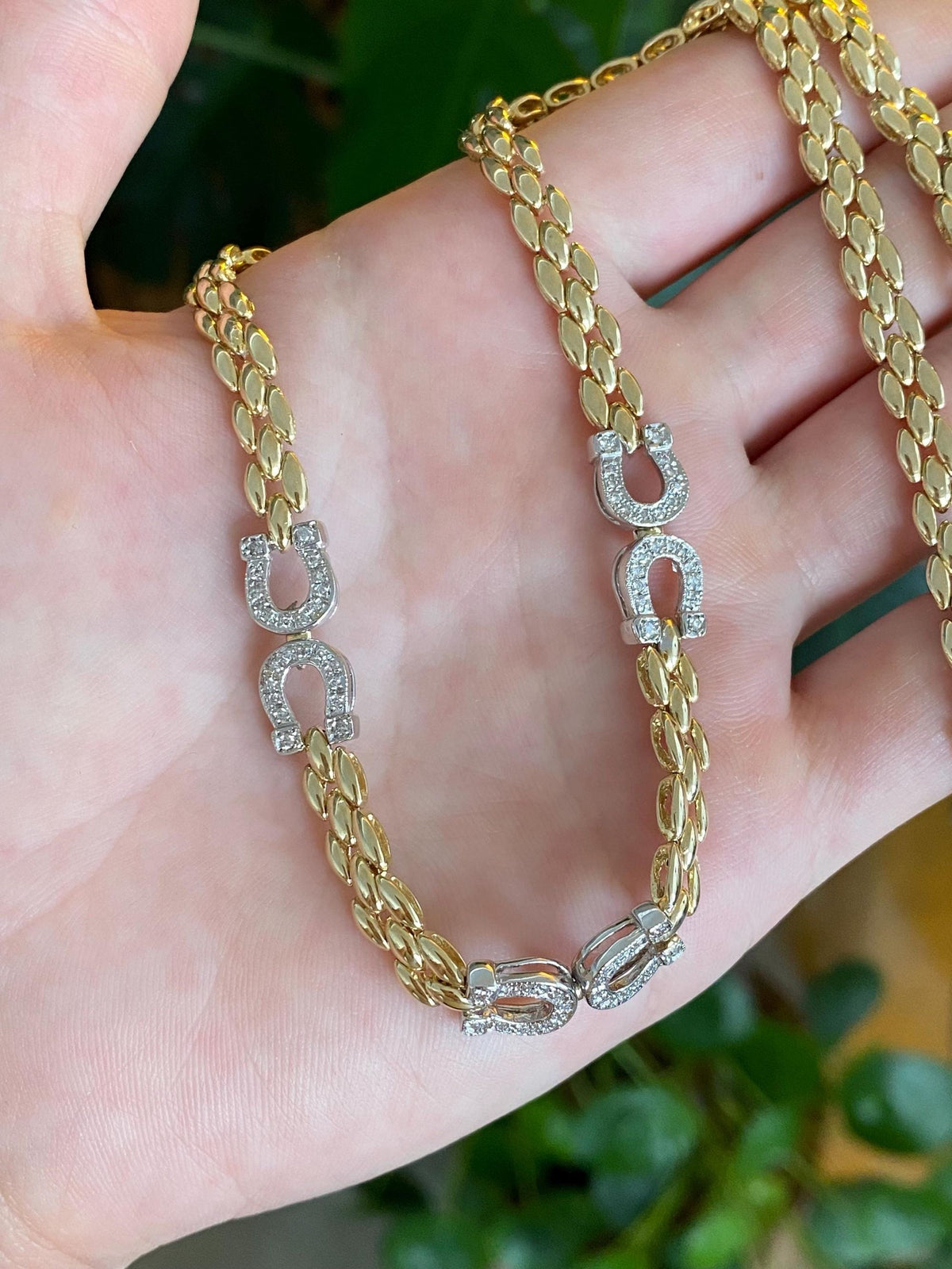 Vintage Solid 14k White & Yellow Gold Diamonds Horseshoe Watch Band Link Necklace - 16.25 inches
