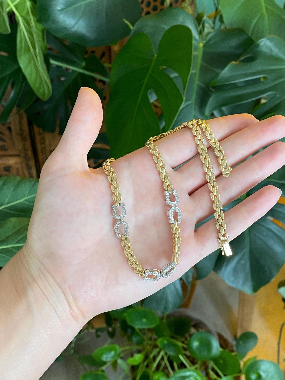 Vintage Solid 14k White & Yellow Gold Diamonds Horseshoe Watch Band Link Necklace - 16.25 inches