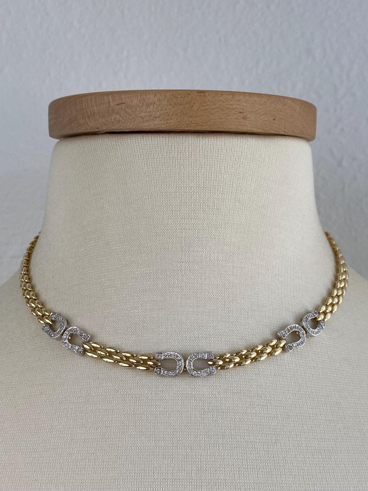 Vintage Solid 14k White & Yellow Gold Diamonds Horseshoe Watch Band Link Necklace - 16.25 inches