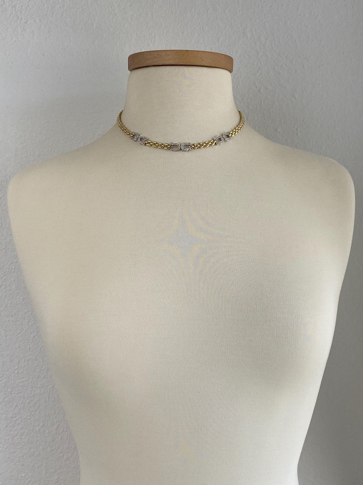 Vintage Solid 14k White & Yellow Gold Diamonds Horseshoe Watch Band Link Necklace - 16.25 inches