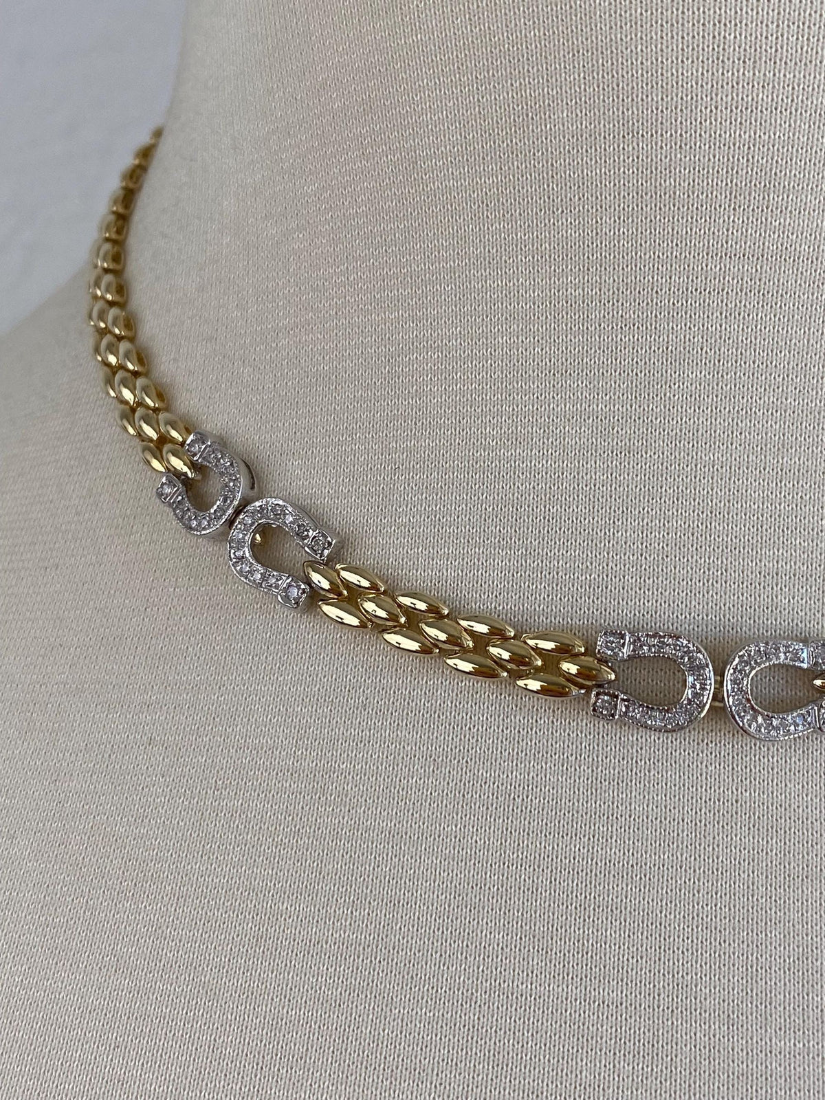 Vintage Solid 14k White & Yellow Gold Diamonds Horseshoe Watch Band Link Necklace - 16.25 inches