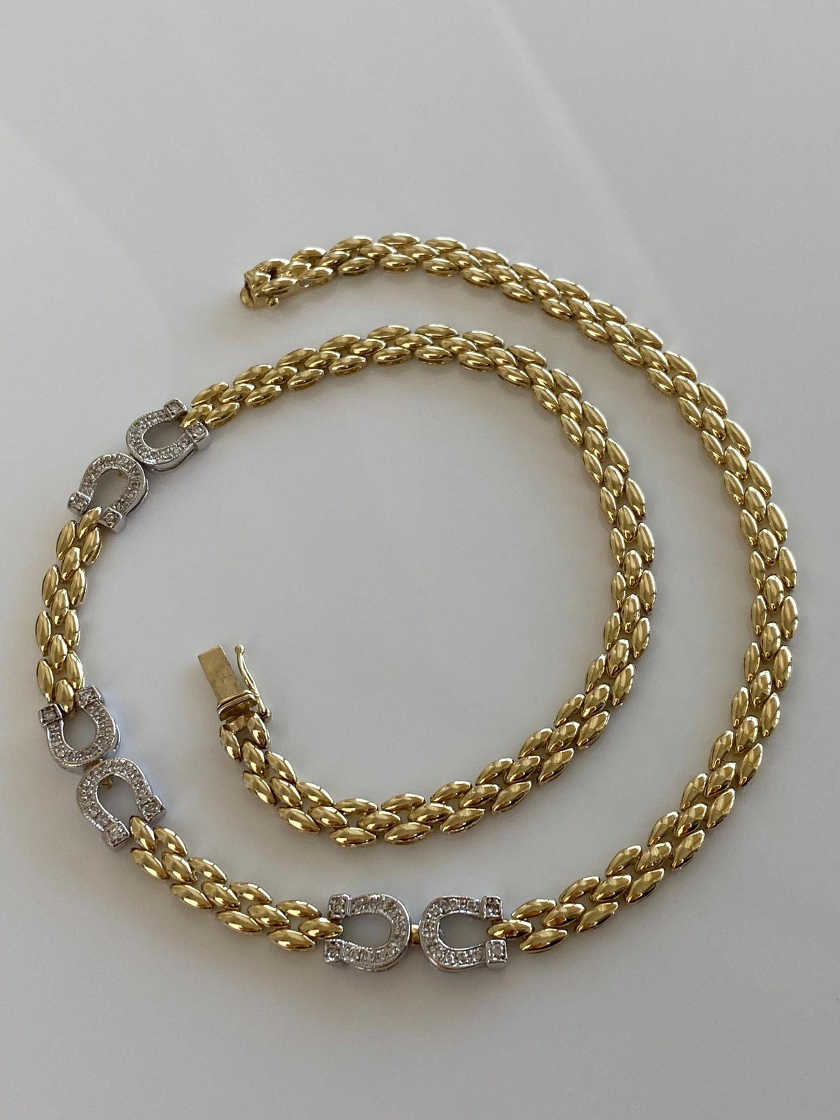 Vintage Solid 14k White & Yellow Gold Diamonds Horseshoe Watch Band Link Necklace - 16.25 inches