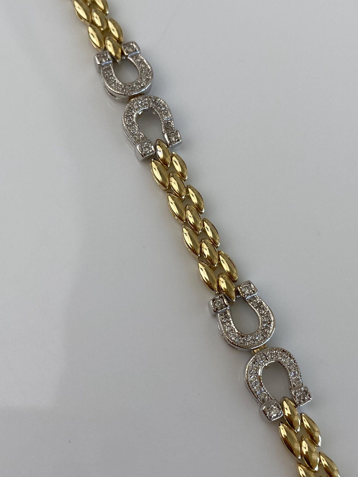 Vintage Solid 14k White & Yellow Gold Diamonds Horseshoe Watch Band Link Necklace - 16.25 inches