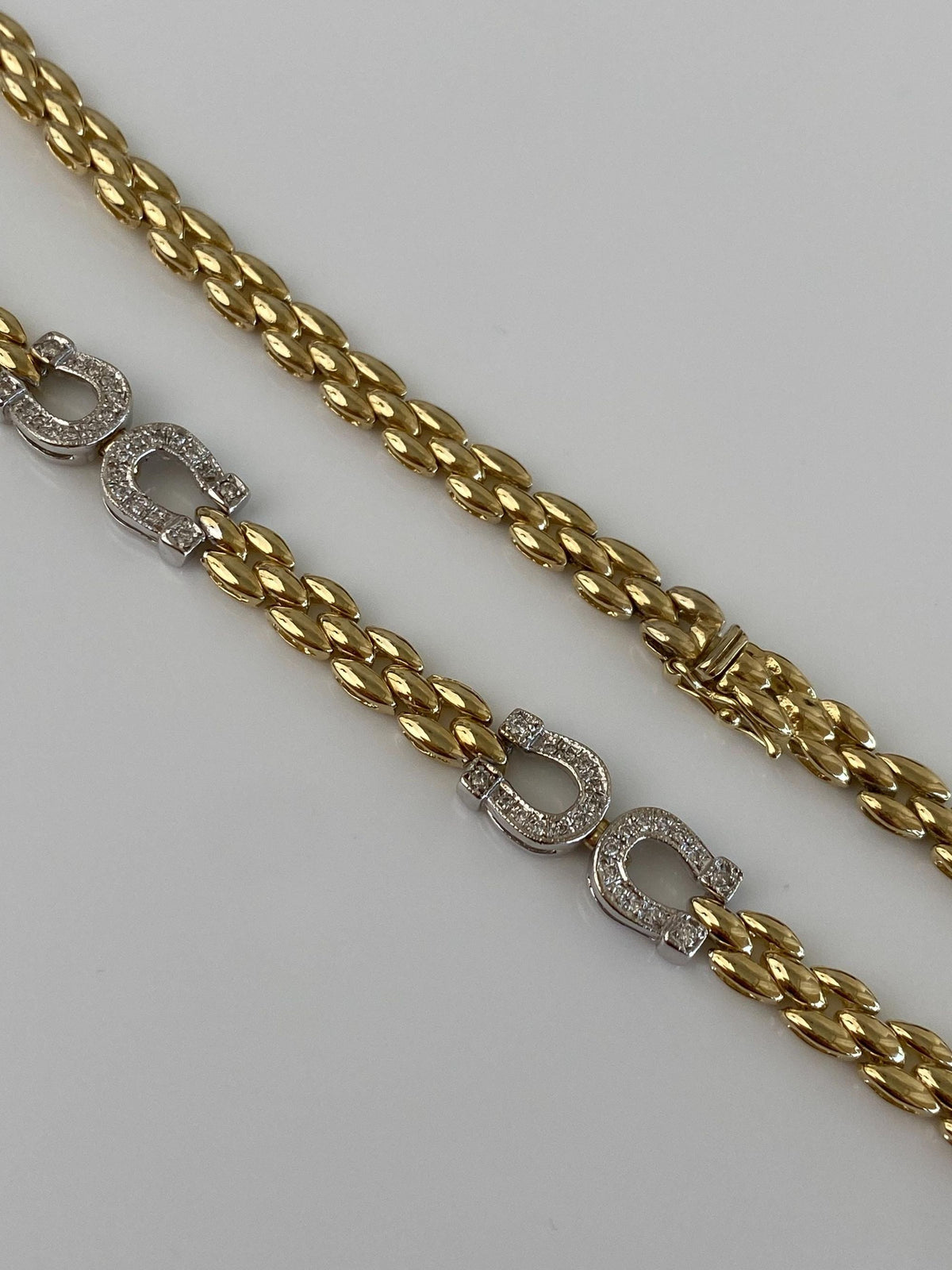 Vintage Solid 14k White & Yellow Gold Diamonds Horseshoe Watch Band Link Necklace - 16.25 inches