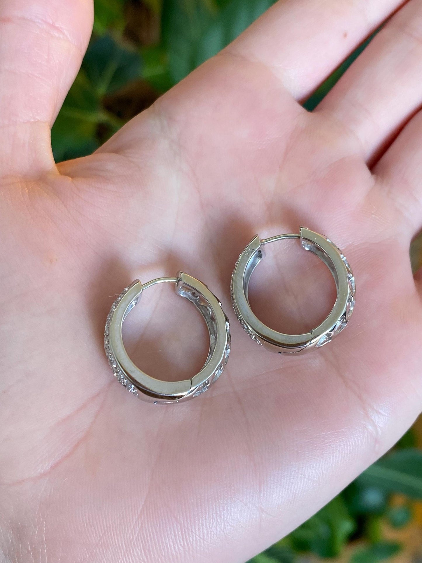 Vintage Solid 14k White Gold Diamond Open Work Hoop Earrings