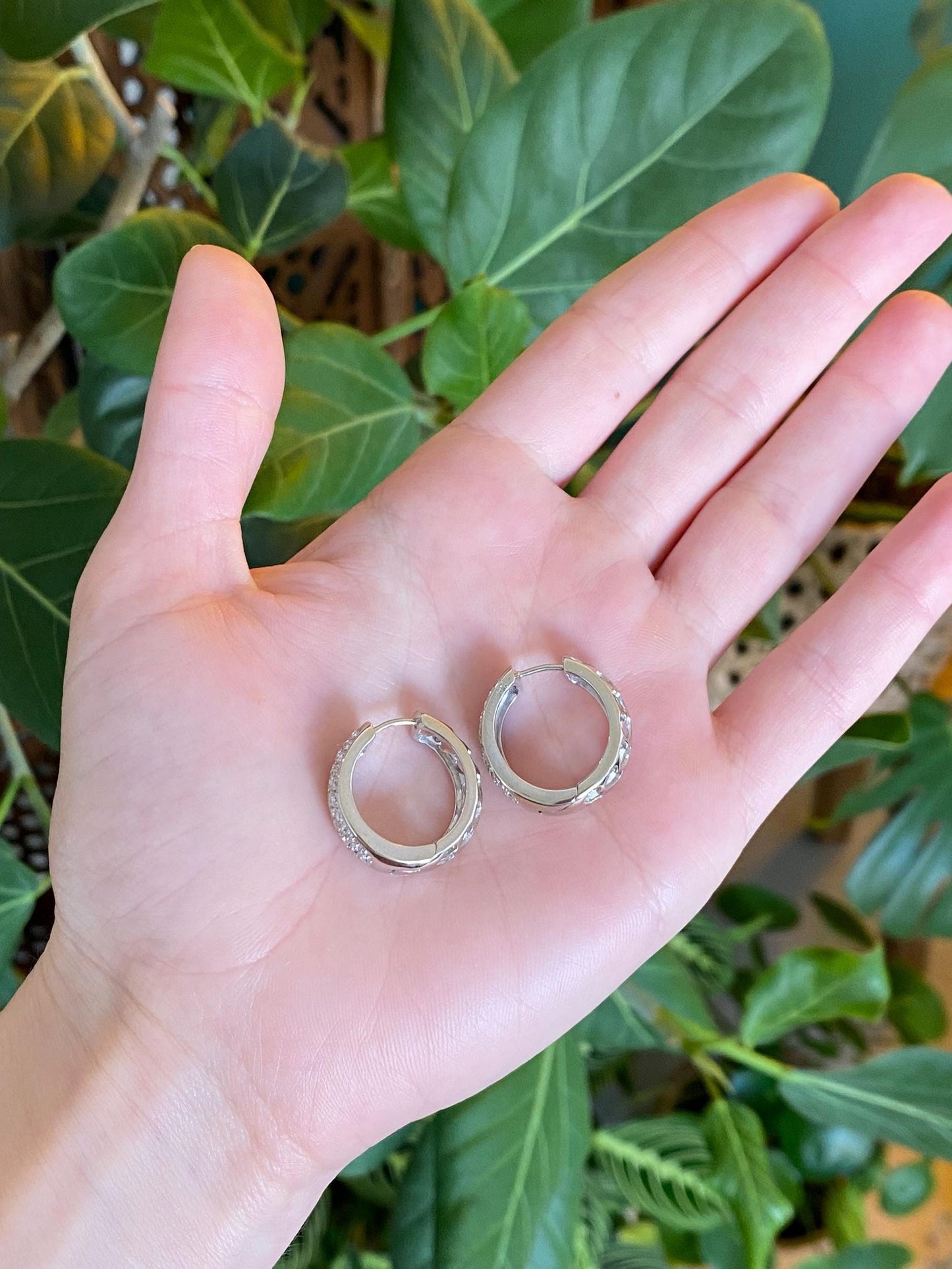 Vintage Solid 14k White Gold Diamond Open Work Hoop Earrings