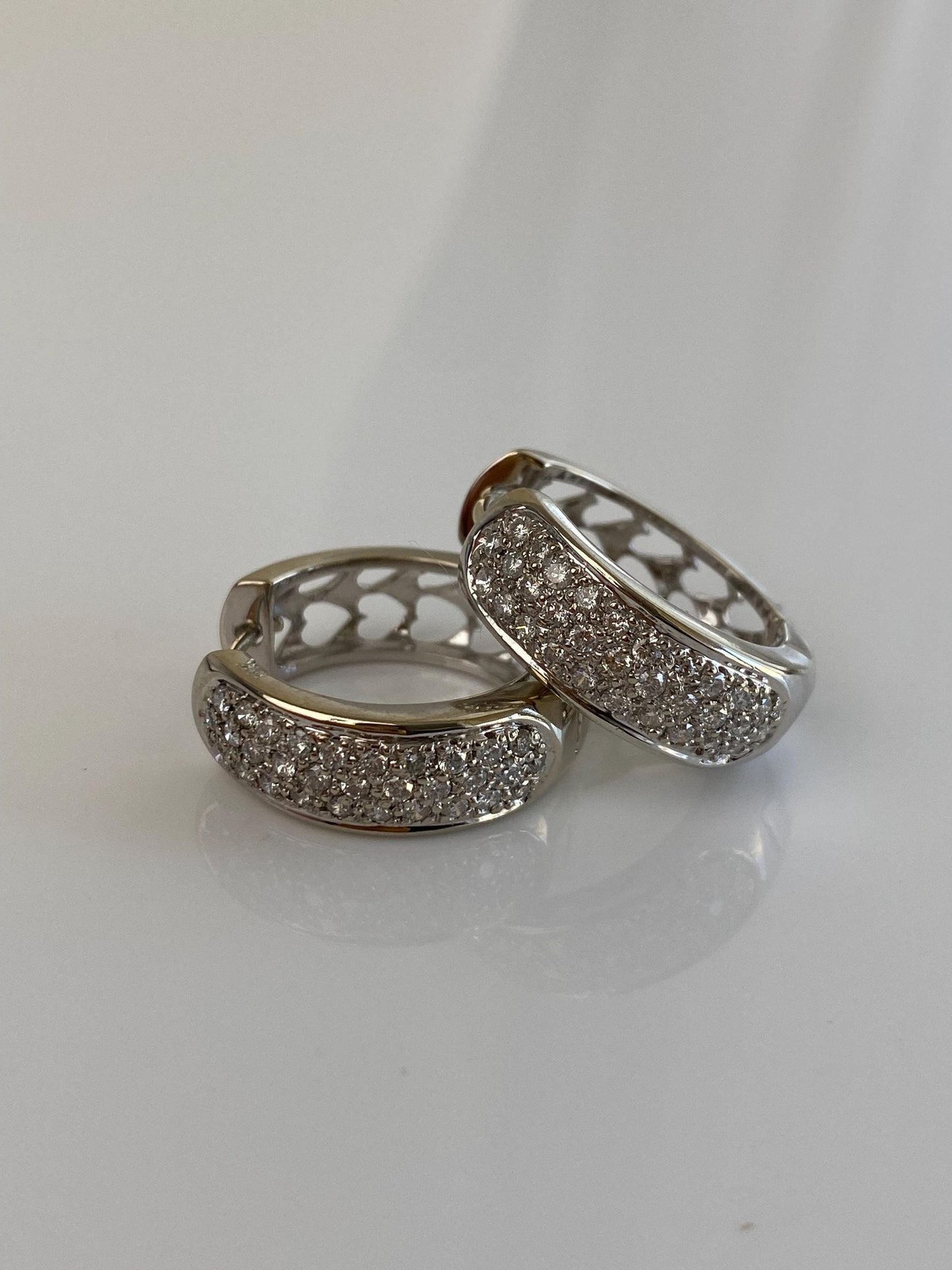 Vintage Solid 14k White Gold Diamond Open Work Hoop Earrings