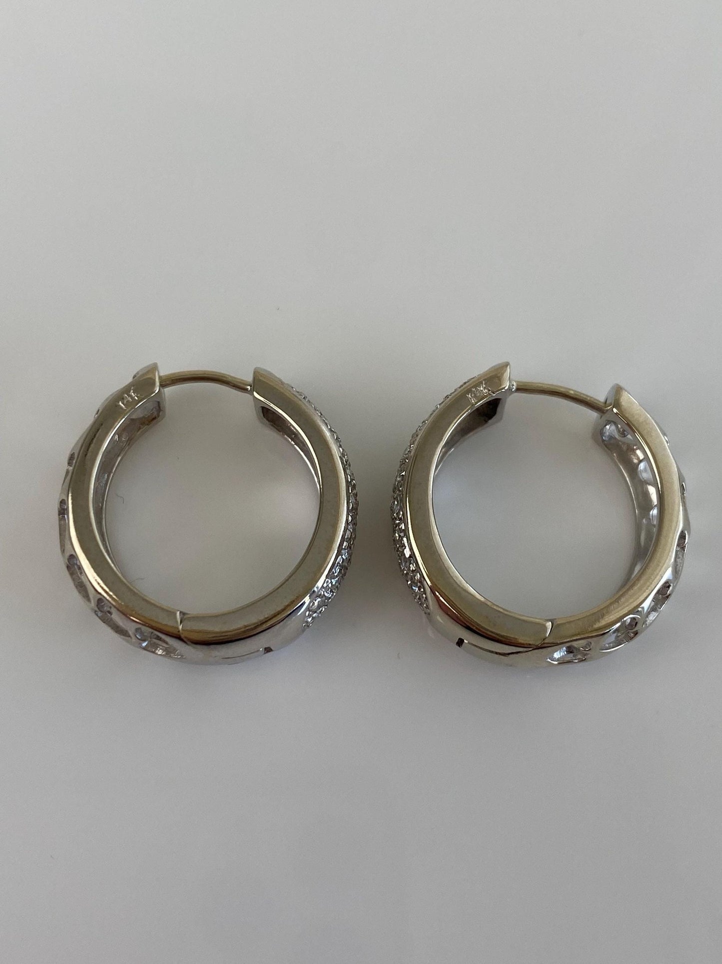 Vintage Solid 14k White Gold Diamond Open Work Hoop Earrings
