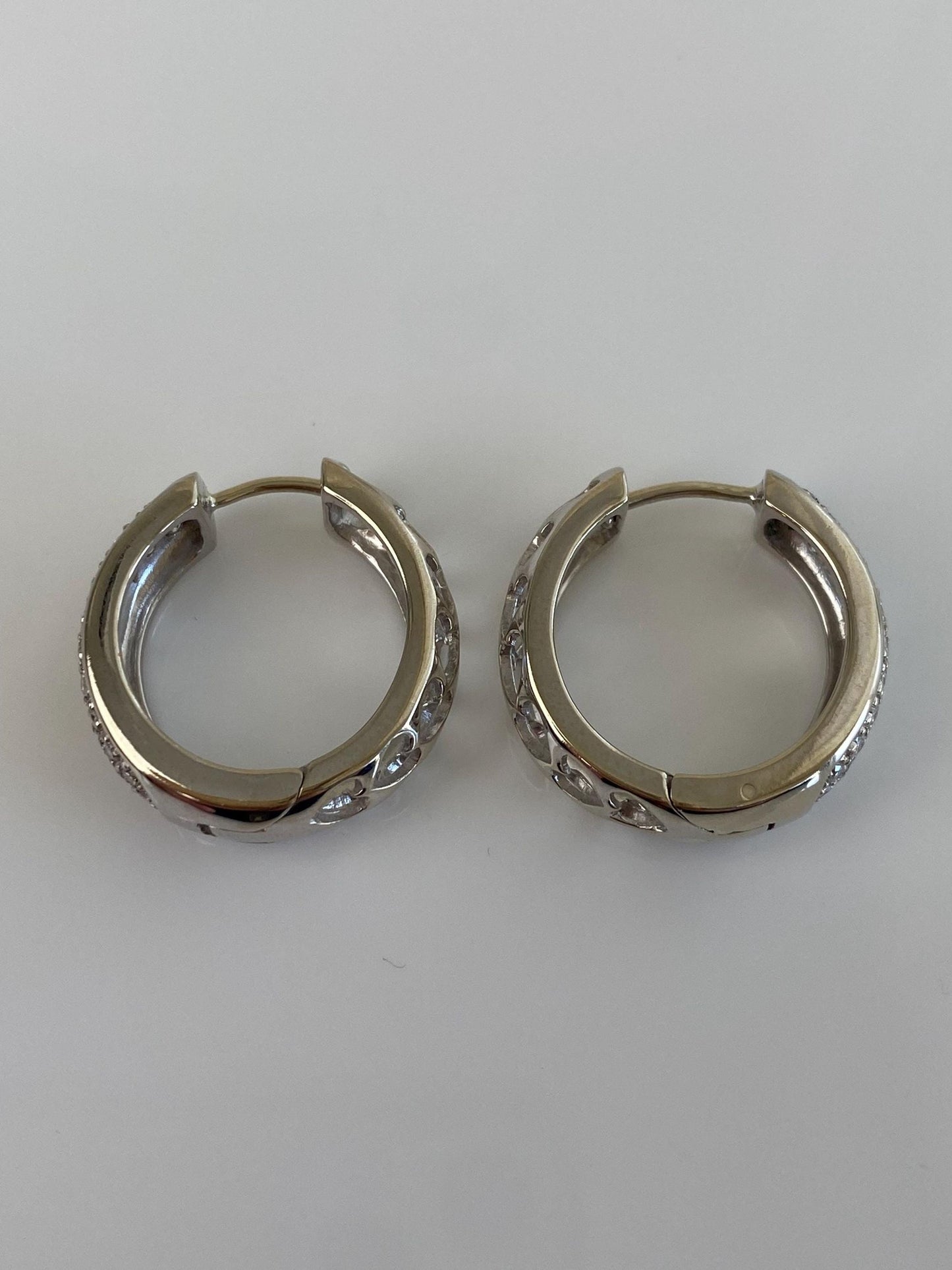Vintage Solid 14k White Gold Diamond Open Work Hoop Earrings