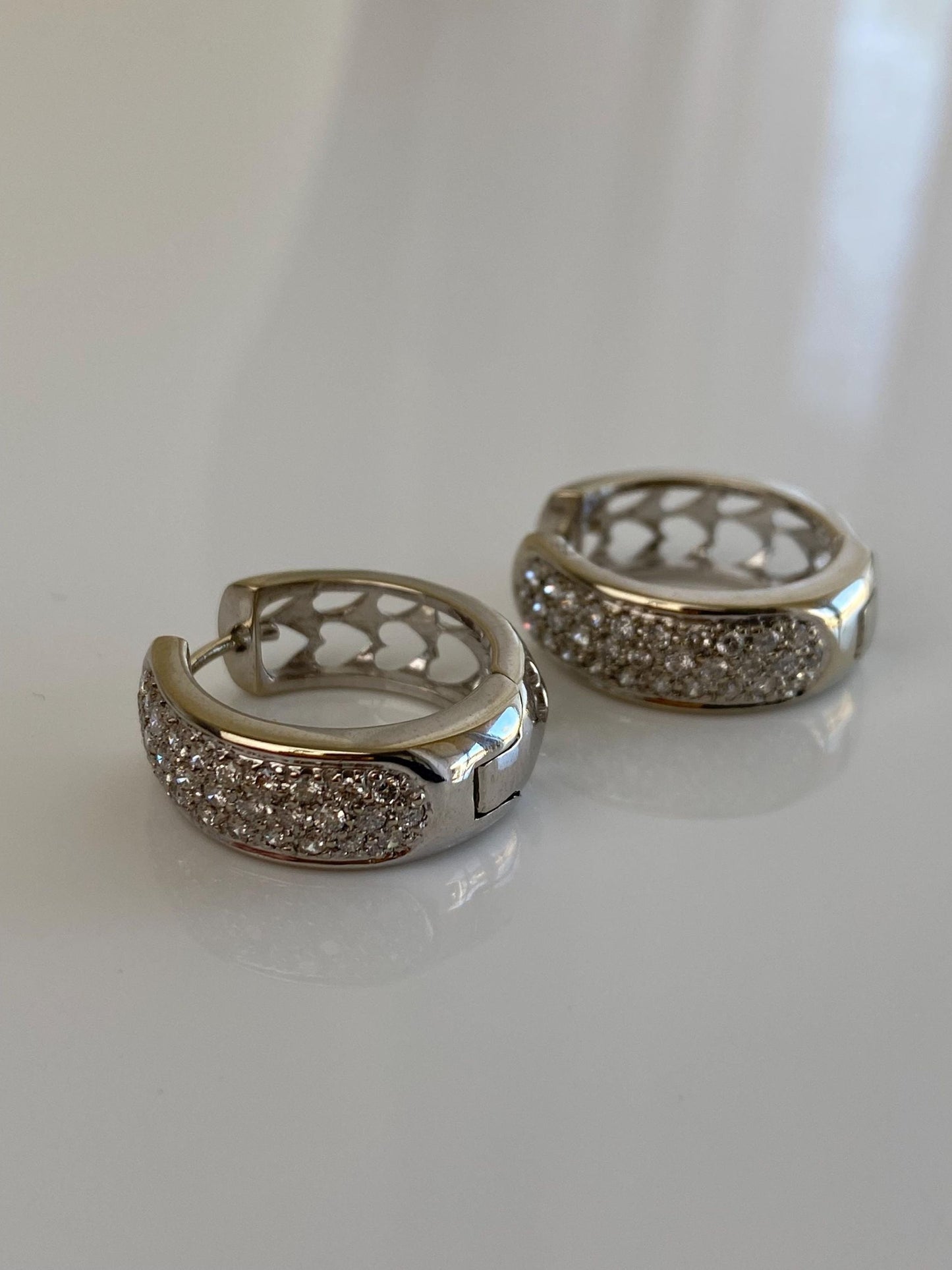 Vintage Solid 14k White Gold Diamond Open Work Hoop Earrings