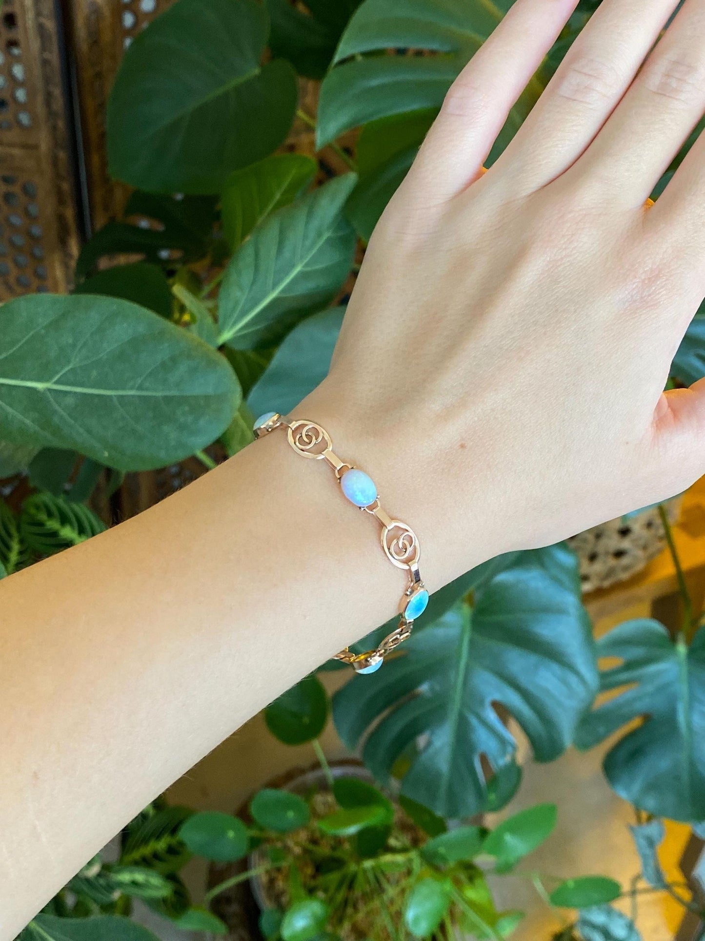 Vintage Solid 14k Rose Gold Opal Oval Link Bracelet - 7.25 inches