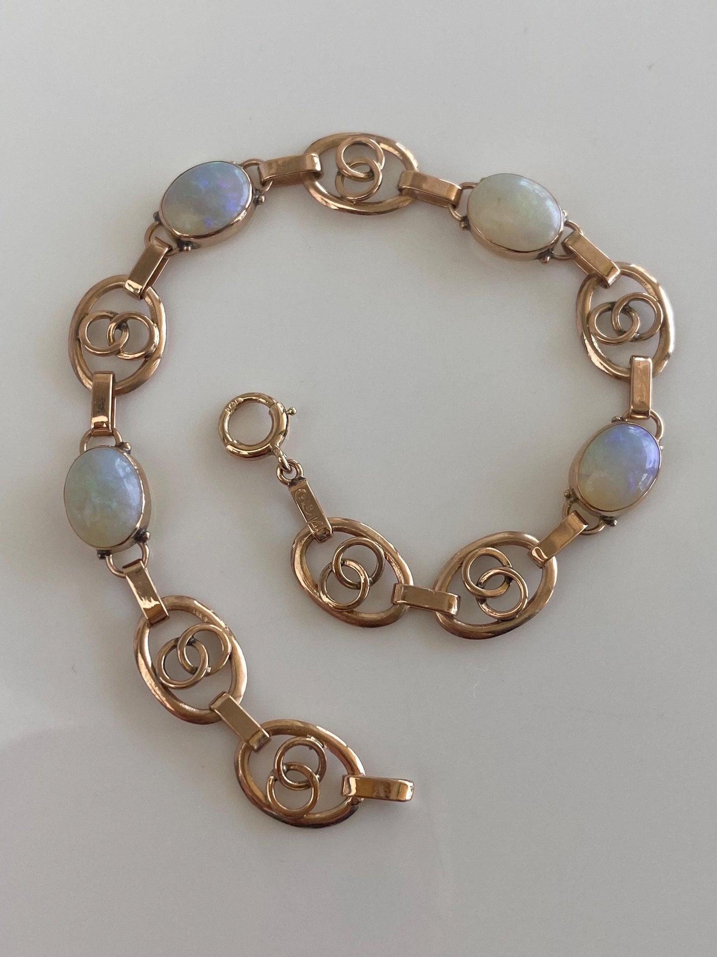 Vintage Solid 14k Rose Gold Opal Oval Link Bracelet - 7.25 inches