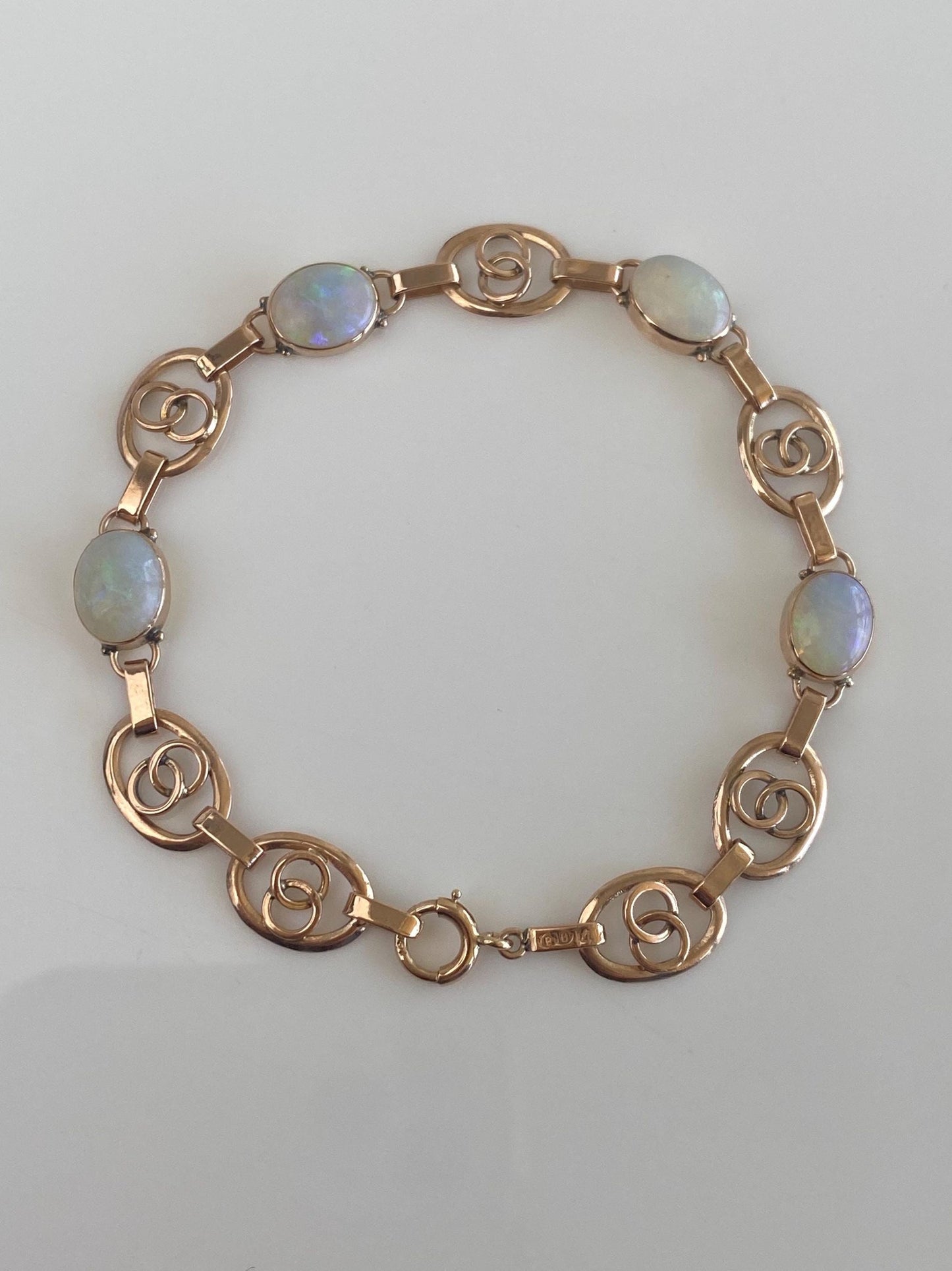 Vintage Solid 14k Rose Gold Opal Oval Link Bracelet - 7.25 inches