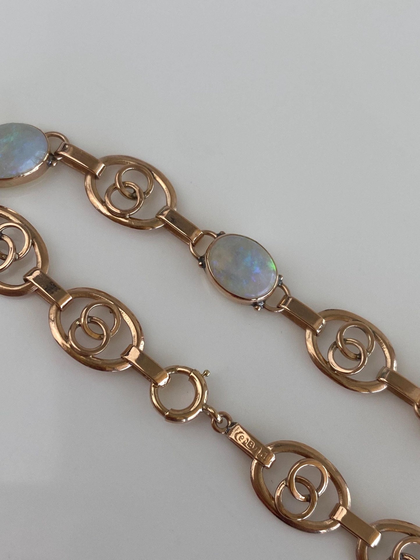 Vintage Solid 14k Rose Gold Opal Oval Link Bracelet - 7.25 inches
