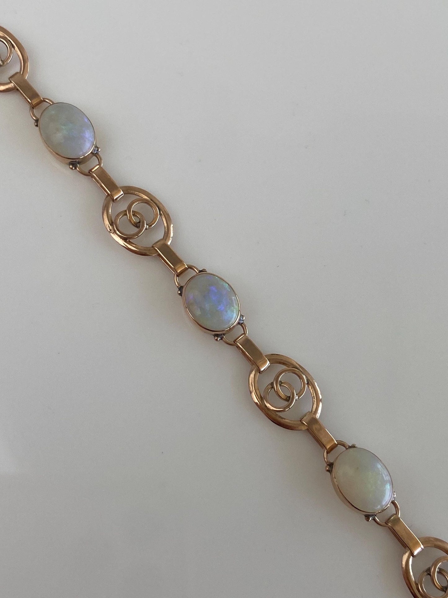 Vintage Solid 14k Rose Gold Opal Oval Link Bracelet - 7.25 inches