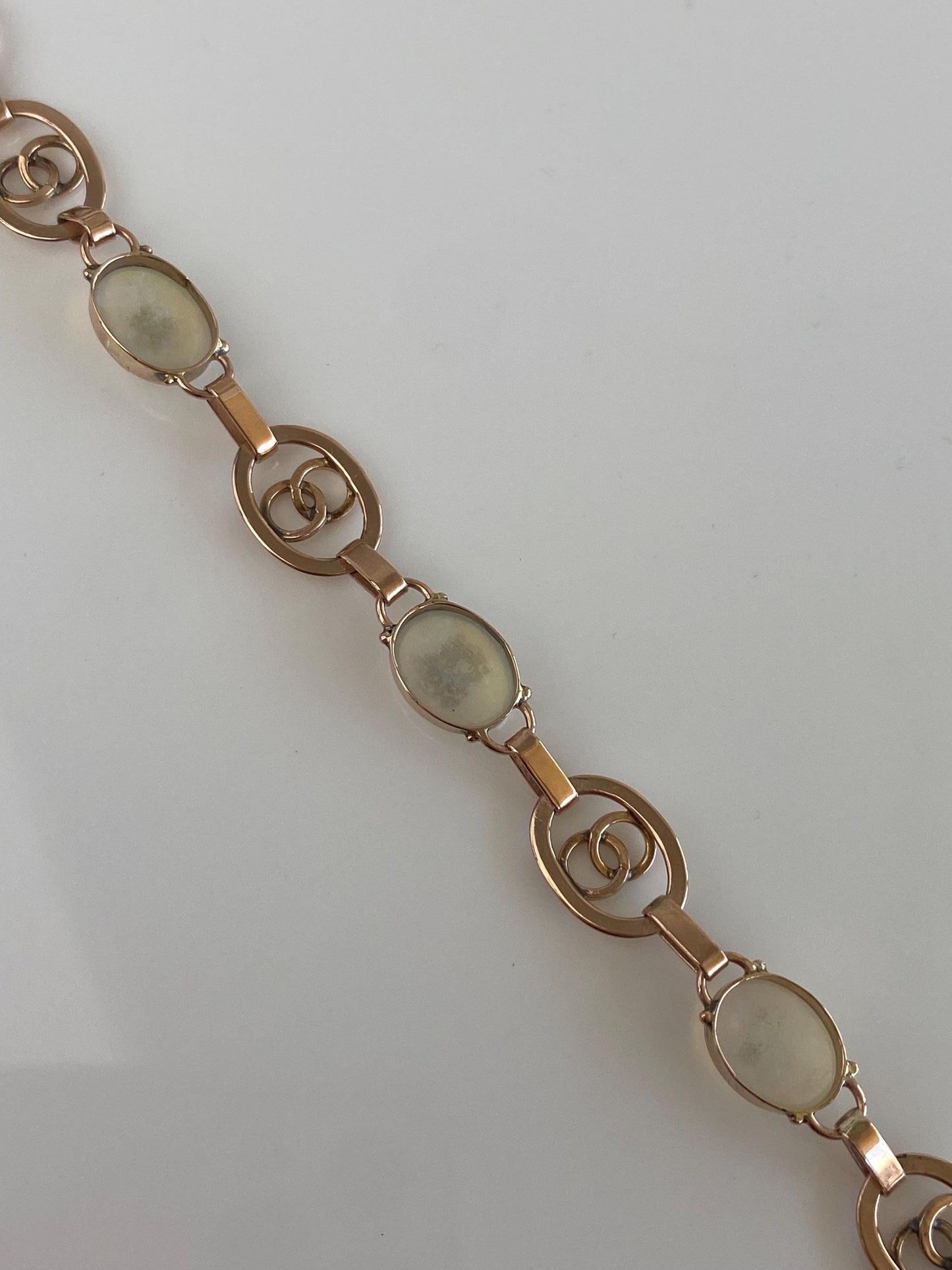 Vintage Solid 14k Rose Gold Opal Oval Link Bracelet - 7.25 inches