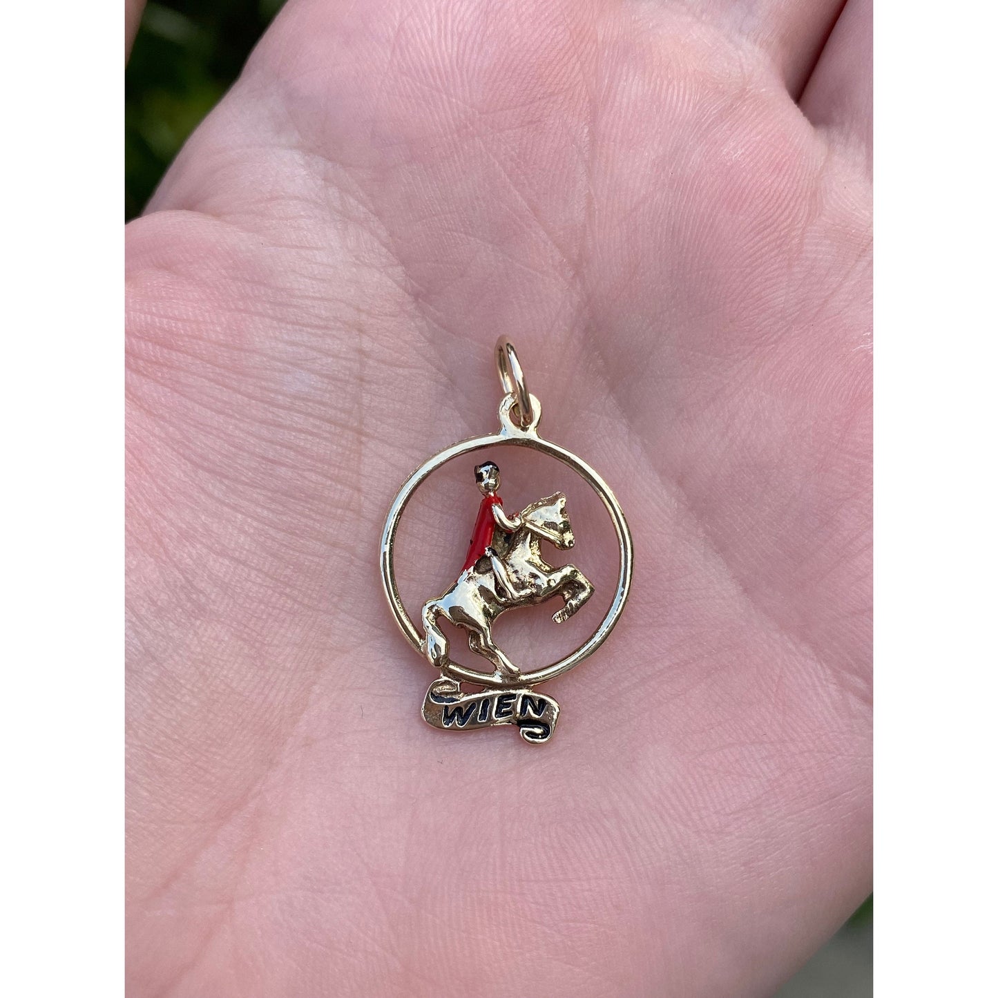 Vintage Solid 14k Yellow Gold Enamel Jockey Horse 'WIEN' Charm